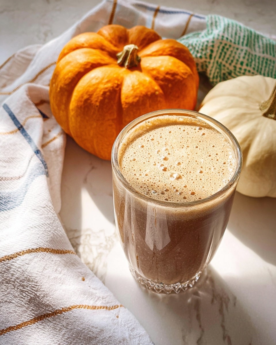 A clear glass filled with a thick, frothy brown drink sits on a white and green checkered cloth on a white marbled surface. Behind the glass, there is a large orange pumpkin and a smaller white pumpkin, both resting on the same cloth. The drink has a bubbly, creamy texture on the top, with a smooth consistency visible through the glass. The overall setting gives a cozy autumn feel. photo taken with an iphone --ar 4:5 --v 7