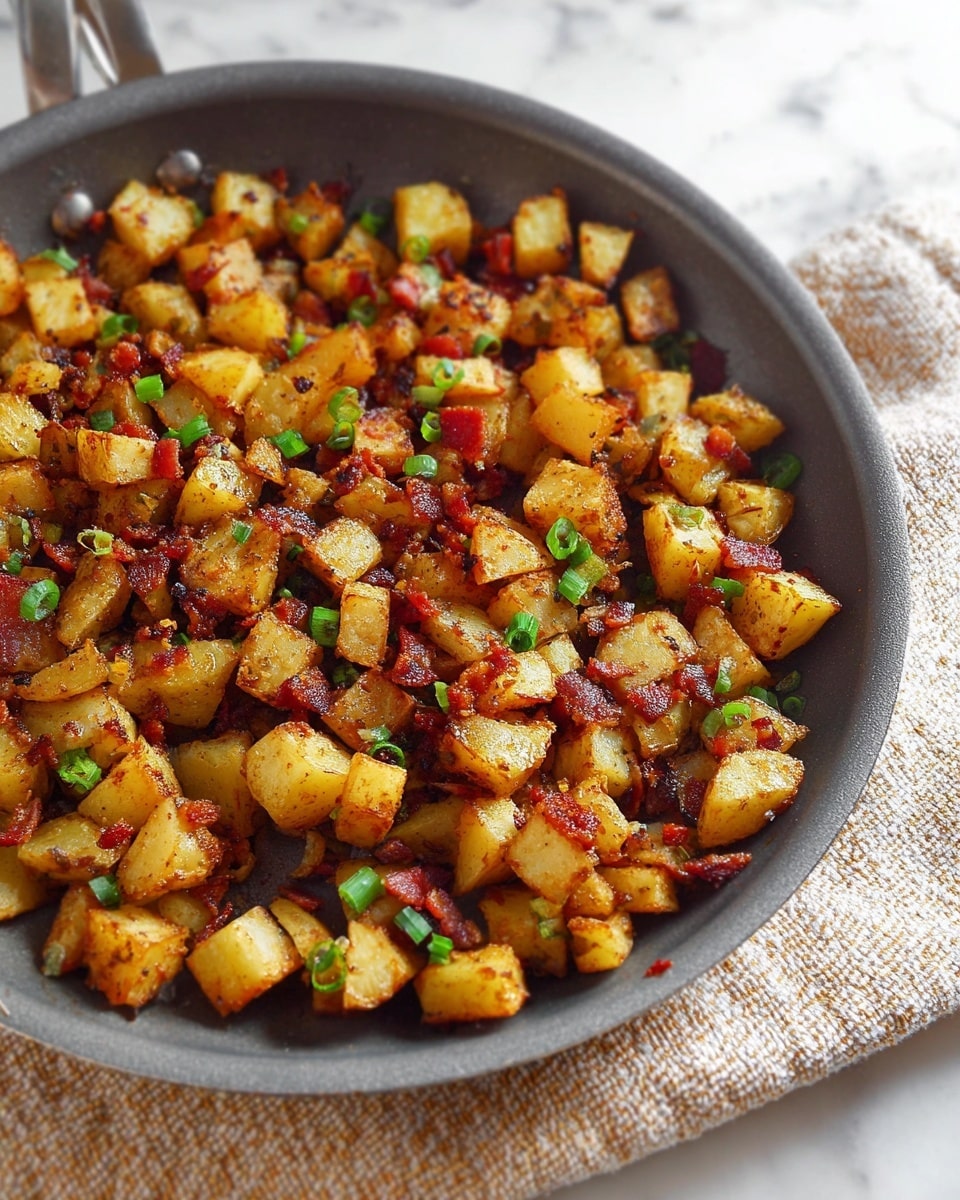 The image shows a dark cast iron pan filled with golden-brown roasted potato cubes mixed with small pieces of crispy bacon and scattered green onion slices. Each cube is evenly browned with a slightly crispy texture, and the bacon adds deep reddish-brown color contrasts. The green onion pieces provide fresh green spots across the dish. The pan sits on a light, white marbled surface with a textured beige cloth partially visible. Photo taken with an iphone --ar 4:5 --v 7