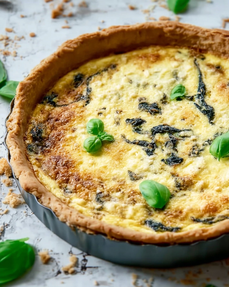 A round quiche with a golden-brown crust sitting in a white pie dish. The quiche filling is creamy yellow with some darker green spinach pieces mixed throughout. The top is slightly browned with some baked cheese texture, and fresh bright green basil leaves are scattered on the surface for garnish. The quiche rests on a white marbled textured surface with some crumbs and basil leaves around it. photo taken with an iphone --ar 4:5 --v 7