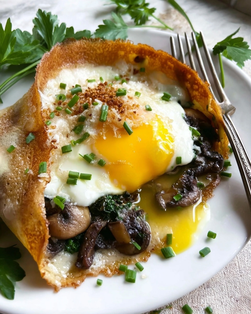 The dish shows a white plate holding a partly sliced rolled crepe that has a crispy, slightly golden-brown outer layer with sprinkled green chopped herbs on top. Inside the crepe, there are soft cooked mushrooms in a dark brown shade mixed with fresh green herbs, and a sunny yellow runny egg yolk spilling out. The crepe is garnished with finely chopped green onions and some parsley leaves are placed around the plate. A silver fork lies on the plate next to the crepe, and the whole scene is set on a white marbled texture. Photo taken with an iphone --ar 4:5 --v 7