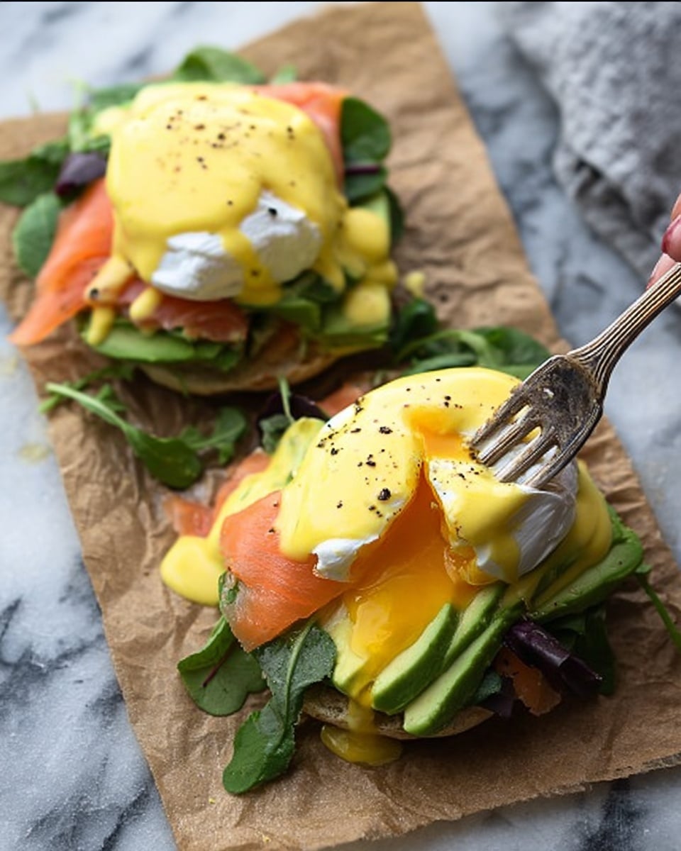 The image shows two eggs Benedict arranged on brown parchment paper over a white marbled surface. Each serving has a base layer of toasted English muffin, topped with fresh green leaves and slices of avocado. On top, there is a layer of smoked salmon, followed by a perfectly poached egg covered with bright yellow hollandaise sauce that spreads slightly onto the parchment. Bits of black pepper are sprinkled on the sauce. A woman's hand holding a fork is cutting into one of the eggs, with some of the runny yolk spilling out. The scene has a fresh and vibrant look. photo taken with an iphone --ar 4:5 --v 7