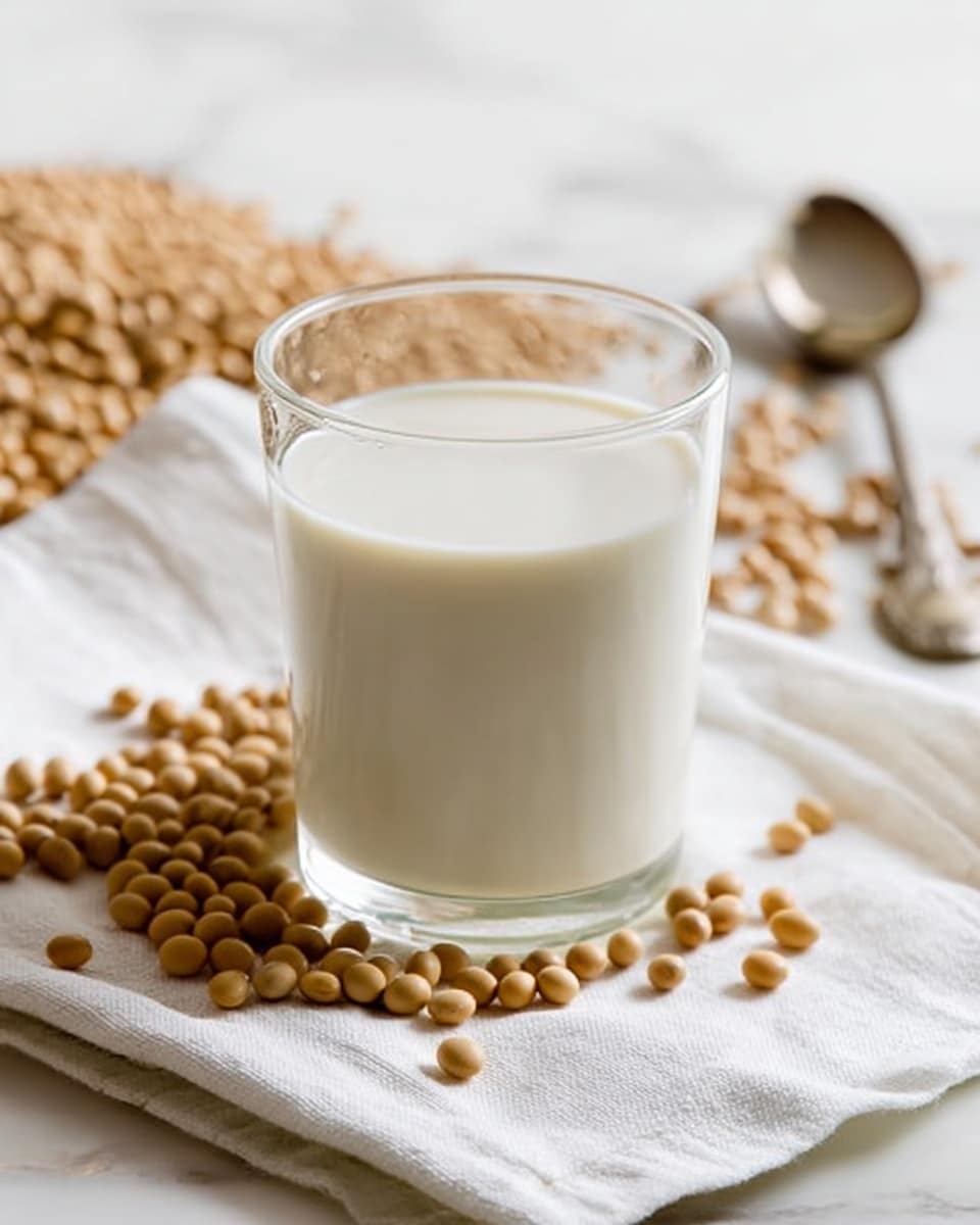 A clear glass filled with white soy milk sits on a white cloth that is folded on a white marbled surface. Around the glass and on the cloth, there are many small round beige soybeans scattered. In the background, a silver spoon rests on the white marbled surface. The overall color scheme is soft and natural with beige and white tones. photo taken with an iphone --ar 4:5 --v 7