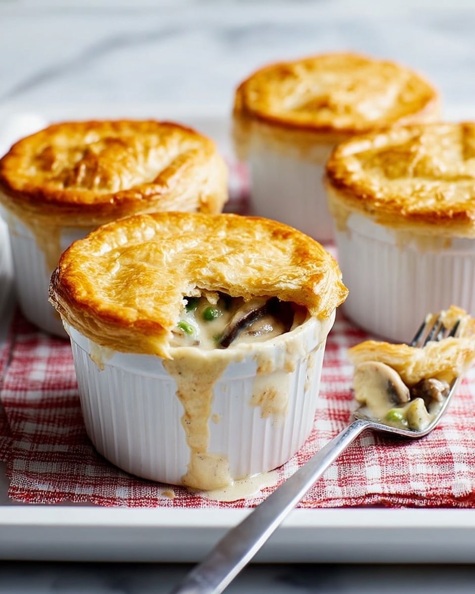 Four white ceramic ramekins filled with a creamy casserole are placed on a white tray with a red and white checkered cloth underneath. Each ramekin is topped with a golden brown, flaky crust that is slightly raised and textured. One ramekin in the front right has the crust broken open, showing a thick, creamy white sauce with mushrooms and small pieces of green vegetables inside. A fork rests on this open ramekin, with a bite of the filling and crust on its tines and some sauce dripping down the side. The background is a white marbled texture. Photo taken with an iphone --ar 4:5 --v 7