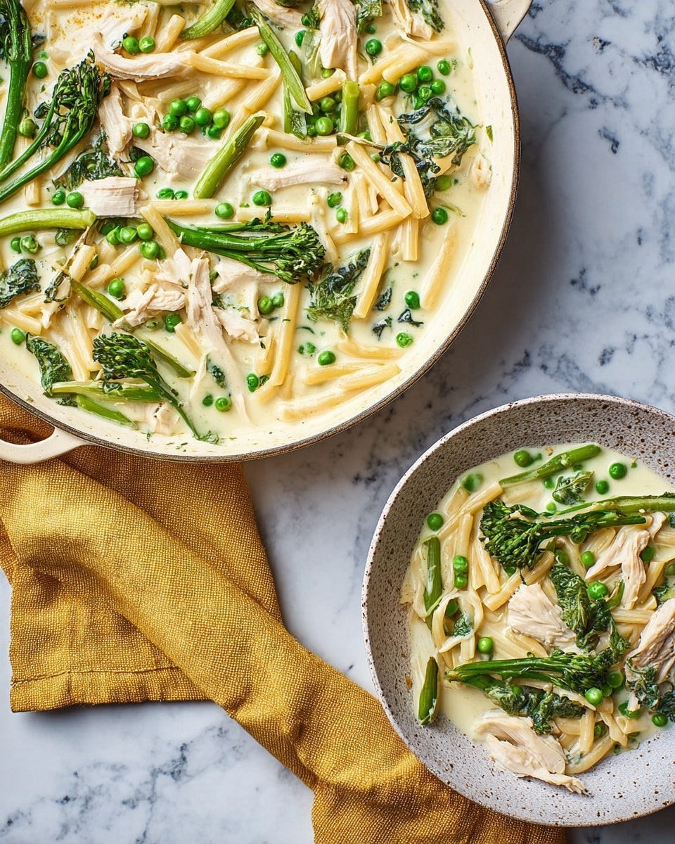 A white bowl and a white pot both filled with a creamy pale yellow soup containing shredded chicken, green peas, long pale pasta, and bright green broccoli stems and leafy greens. The soup has soft textures with visible small layers of cheese or cream on top. The pot sits next to the bowl on a white marbled surface with a folded mustard yellow cloth nearby. photo taken with an iphone --ar 4:5 --v 7