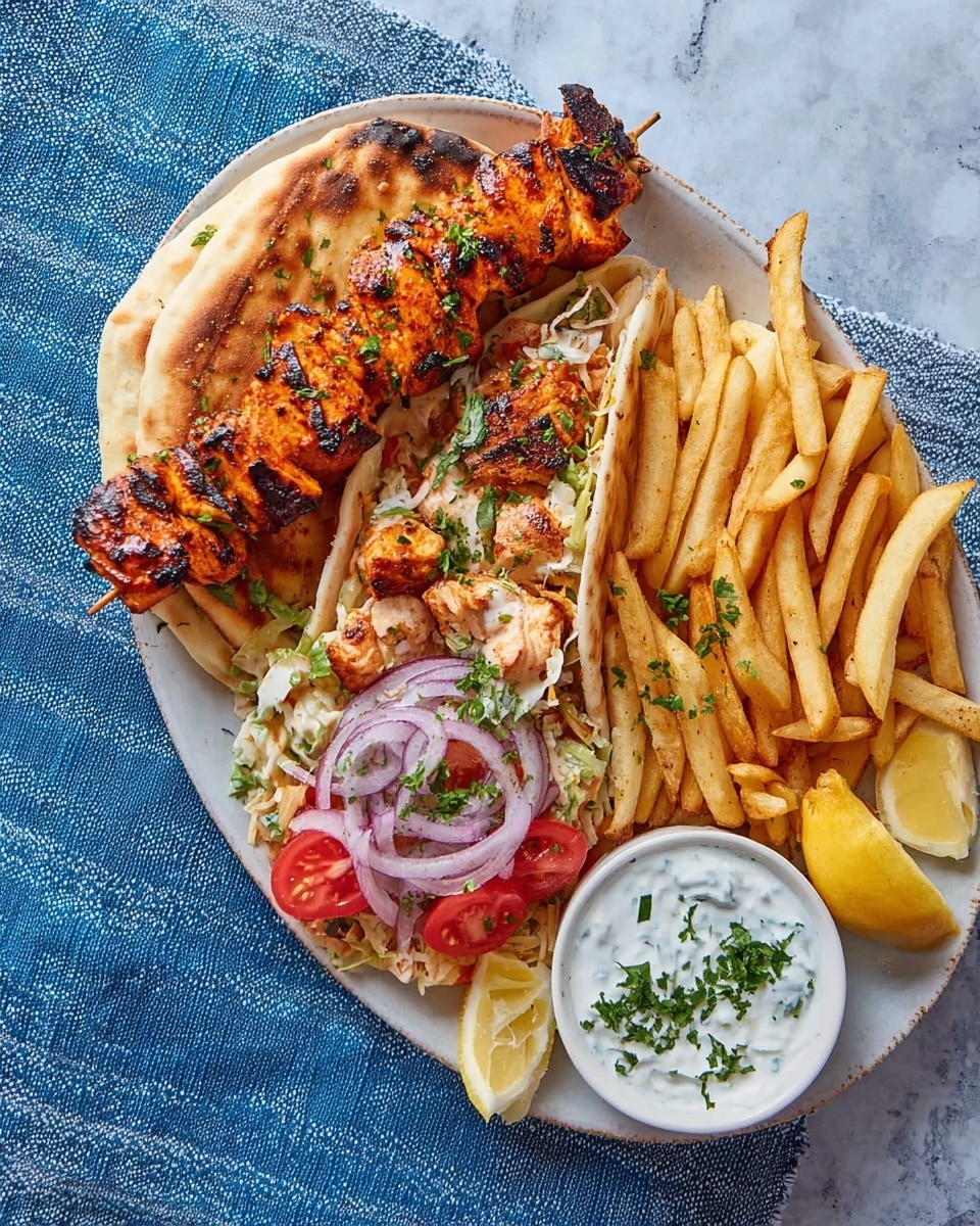A white oval plate on a white marbled surface holds a colorful meal with several layers. At the top, there is a grilled chicken skewer, rich orange-brown with char marks, resting on soft, golden-brown grilled flatbread. Below, a folded piece of flatbread contains golden crispy fries, small pieces of grilled chicken, chopped red tomatoes, and a few green herbs. To the left side of the plate, a fresh salad with sliced red onions, red tomato chunks, and green parsley leaves adds brightness. On the bottom right corner, golden French fries are spread out next to a white bowl of creamy sauce garnished with chopped green herbs. A lemon wedge sits on the top right and another on the bottom left of the plate, adding yellow accents. The plate is placed on a blue striped cloth. Photo taken with an iphone --ar 4:5 --v 7