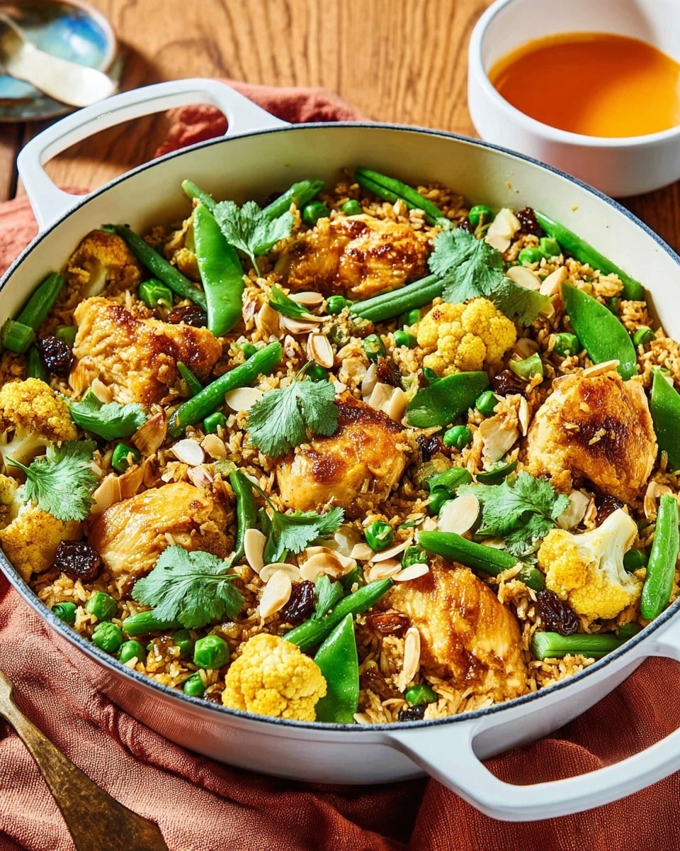 A white pot filled with a colorful dish showing four main layers: large chunks of golden brown cooked chicken on the top, surrounded by a mix of bright green beans and peas, yellow cauliflower florets, and light brown cooked rice mixed with almonds and small dark raisins. Fresh green cilantro leaves are scattered across the top, adding a fresh touch. The dish sits on a soft rust-colored cloth on a wooden table with a white bowl containing orange sauce nearby. Photo taken with an iphone --ar 4:5 --v 7