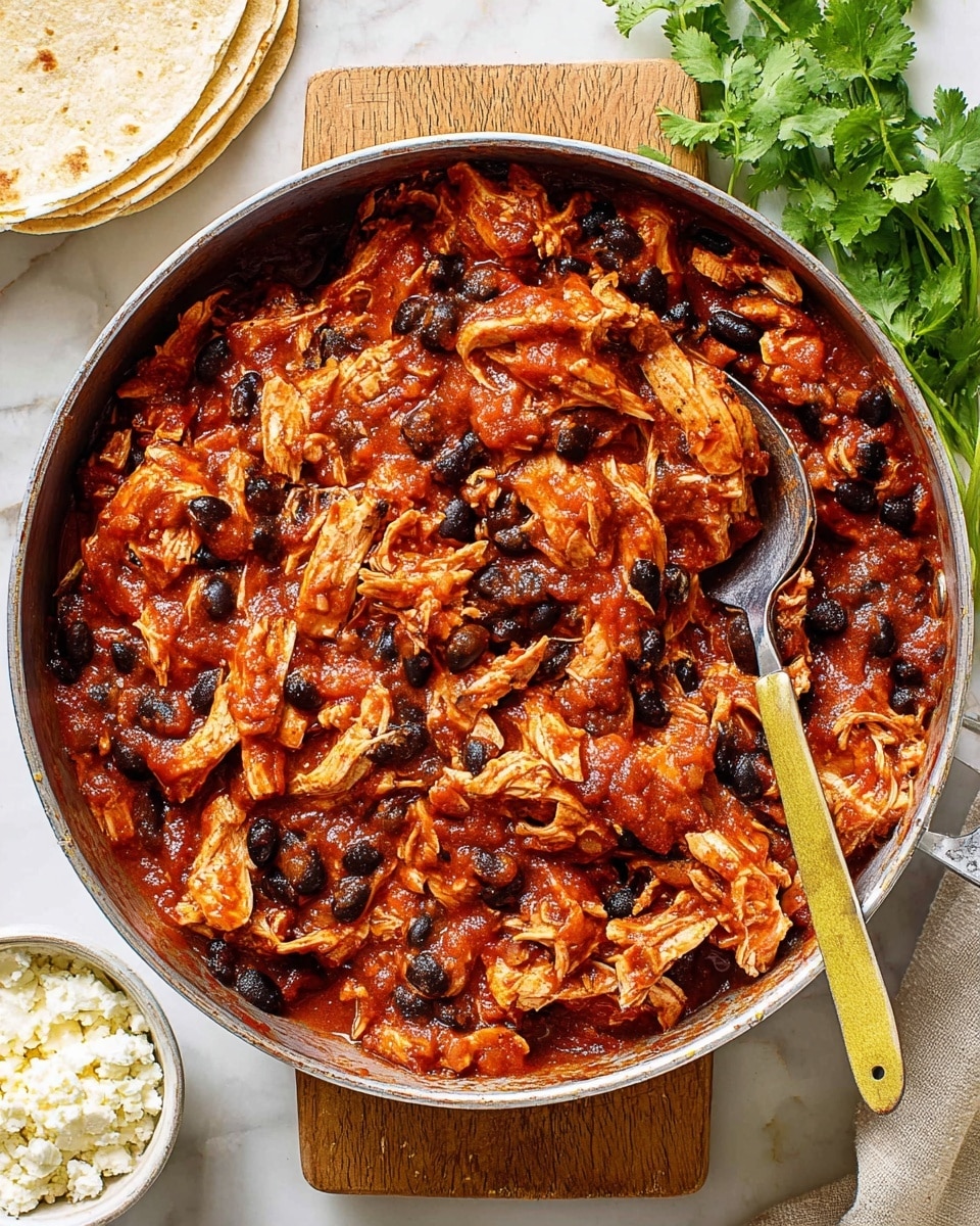 A close-up top view of a round silver pan filled with one layer of cooked chicken pieces mixed with black beans, all covered in a thick red tomato sauce. The chicken looks soft and shredded, with the black beans scattered evenly throughout the dish. A silver spoon with a yellow handle is in the pan, partially scooping the mixture. The pan is placed on a wooden board on a white marbled surface with a sprig of fresh green cilantro nearby, some tortilla wraps, and a white bowl with crumbled white cheese on the side. photo taken with an iphone --ar 4:5 --v 7