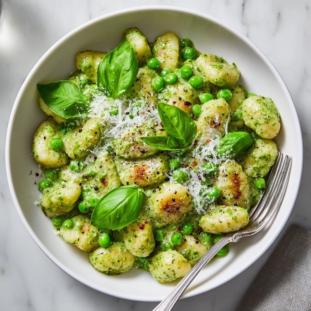 A white bowl filled with gnocchi covered in a creamy green pesto sauce, with bright green peas scattered throughout. Fresh basil leaves sit on top, adding a fresh and vibrant look. There is a layer of finely grated white cheese sprinkled on one side. The dish is seasoned with black pepper, and a shiny silver fork rests on the right side of the bowl. The bowl is set against a white marbled background. photo taken with an iphone --ar 4:5 --v 7