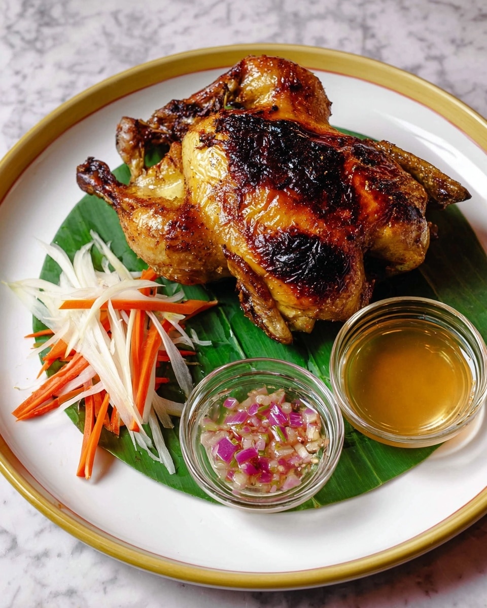 A white round plate with a thin yellow rim holds a whole roasted chicken at the center, placed on a dark green banana leaf. The chicken has browned and slightly charred skin, with a golden color and a blackened patch on its breast. To the left on the plate, there is a small pile of shredded vegetables showing white, orange, pale yellow, red, and light purple colors. On the right side, two small clear glass bowls sit side by side, one filled with a bright orange sauce, the other with a pinkish mixture containing finely chopped red and white ingredients. The plate is set on a white marbled surface. photo taken with an iphone --ar 4:5 --v 7