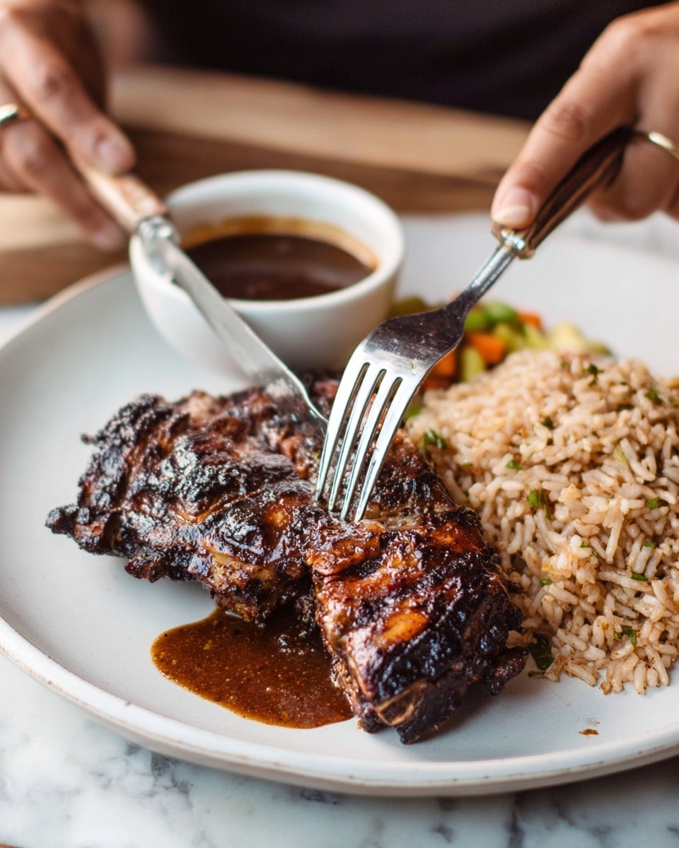 A white plate holds a dark, charred grilled meat with a rich, textured surface, showing a deep brown and black color with some glistening juices dripping around it. To the right side of the plate, there is a serving of light brown rice with visible grains and some small bits of vegetables mixed in. Behind the grilled meat on the left side, a white bowl contains a dark brown sauce with a smooth surface. A woman's hand is holding a fork that pierces the meat while a knife, also held by the woman's hand, cuts into it. The setting is on a white marbled surface. photo taken with an iphone --ar 4:5 --v 7