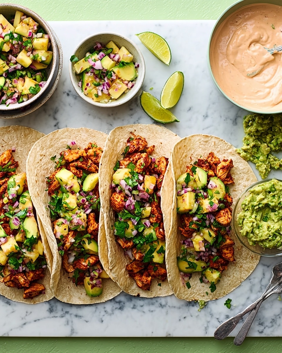 The image shows four soft white tortillas arranged in a slightly overlapping line on a white marble board. Each tortilla is filled with three layers: the bottom layer is orange-brown grilled or roasted chunks, the middle layer is diced green and red vegetables, and the top layer is small pale cubes, possibly cheese or avocado. Around the board are various bowls and small dishes: a white bowl with green and red chunky sauce or salad, a white plate with orange-brown grilled pieces, a small white bowl with pinkish creamy sauce with a spoon, a pile of green mashed guacamole on the board with a metal fork beside it, and a half lime. The scene uses natural light, with a vibrant yellow wooden surface mostly visible on the right side. Photo taken with an iphone --ar 4:5 --v 7