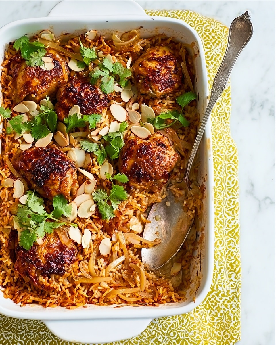 The image shows a white rectangular dish filled with a layered meal. The bottom layer is made of cooked rice colored light brown and mixed with sliced onions that are pale yellow and lightly fried. On top of the rice, there are five pieces of grilled chicken with a rich reddish-brown color and slightly charred edges. Scattered around and over the chicken and rice are toasted almond slices and green cilantro leaves for decoration. A silver spoon is placed inside the dish, resting on the rice and one piece of chicken. The dish is placed on a white marbled surface with a yellow patterned cloth partially beneath it. Photo taken with an iphone --ar 4:5 --v 7