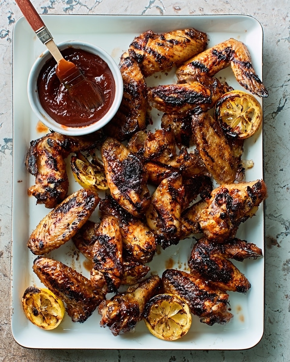 A white rectangular tray filled with about 16 grilled chicken wings that have a dark, crispy charred texture with reddish-brown seasoning. Among the wings, there are three grilled lemon halves that have a lightly browned surface. On the left side of the tray, a white bowl contains a thick, dark red barbecue sauce with a bamboo brush resting on the bowl's edge, with some sauce on the brush bristles. The tray is placed on a white marbled surface. photo taken with an iphone --ar 4:5 --v 7