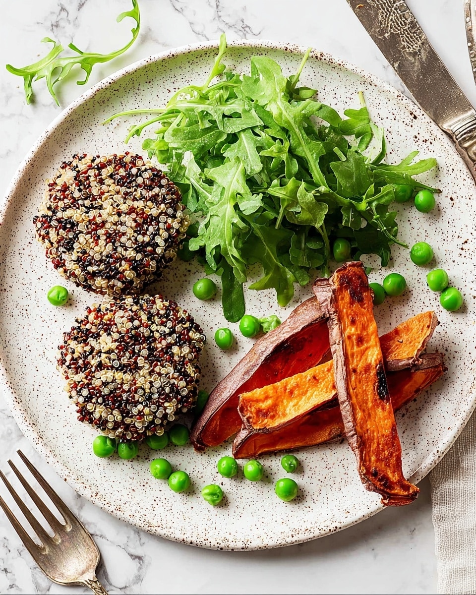 A white speckled round plate holds a meal arranged in four parts. At the top left, there is a small pile of fresh green arugula leaves, soft and leafy. Below this and slightly to the left, two round quinoa patties are stacked, showing a mix of white, red, and black quinoa grains making a textured, speckled surface. To the right of the arugula and patties are bright green peas scattered loosely. On the right side of the plate, there are three long, slightly charred sweet potato slices, dark brown-black on the edges with bright orange flesh inside. The plate is set on a white marbled texture surface, with a silver fork on the left and a silver knife on the right. photo taken with an iphone --ar 4:5 --v 7