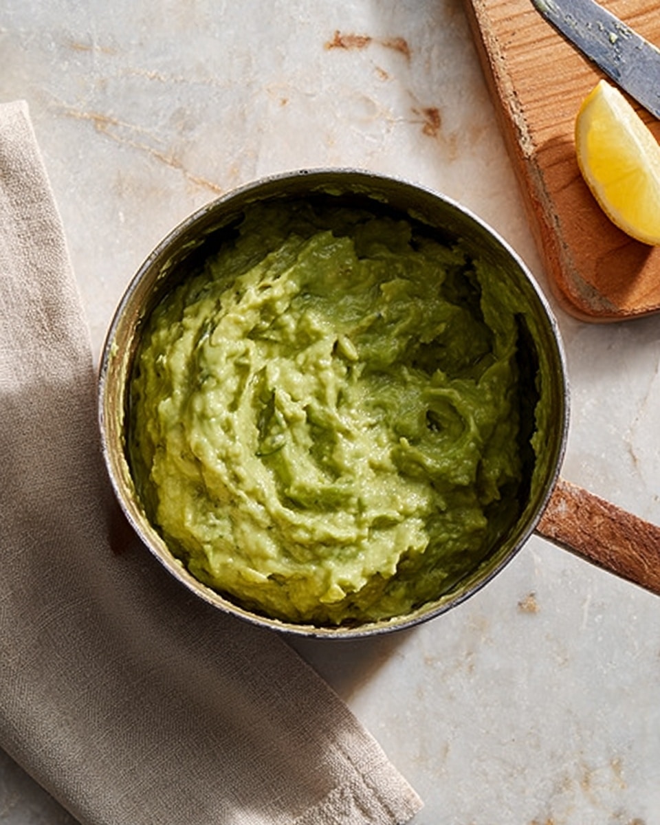 A close-up view of a small metal pot filled with thick, chunky green guacamole. The guacamole has a soft, slightly coarse texture with small pieces of avocado visible throughout. The pot is placed on a white marbled surface with a beige cloth napkin folded nearby. To the right, there is a wooden board holding a halved lemon with some juice squeezed out and a knife resting beside it. Photo taken with an iphone --ar 4:5 --v 7