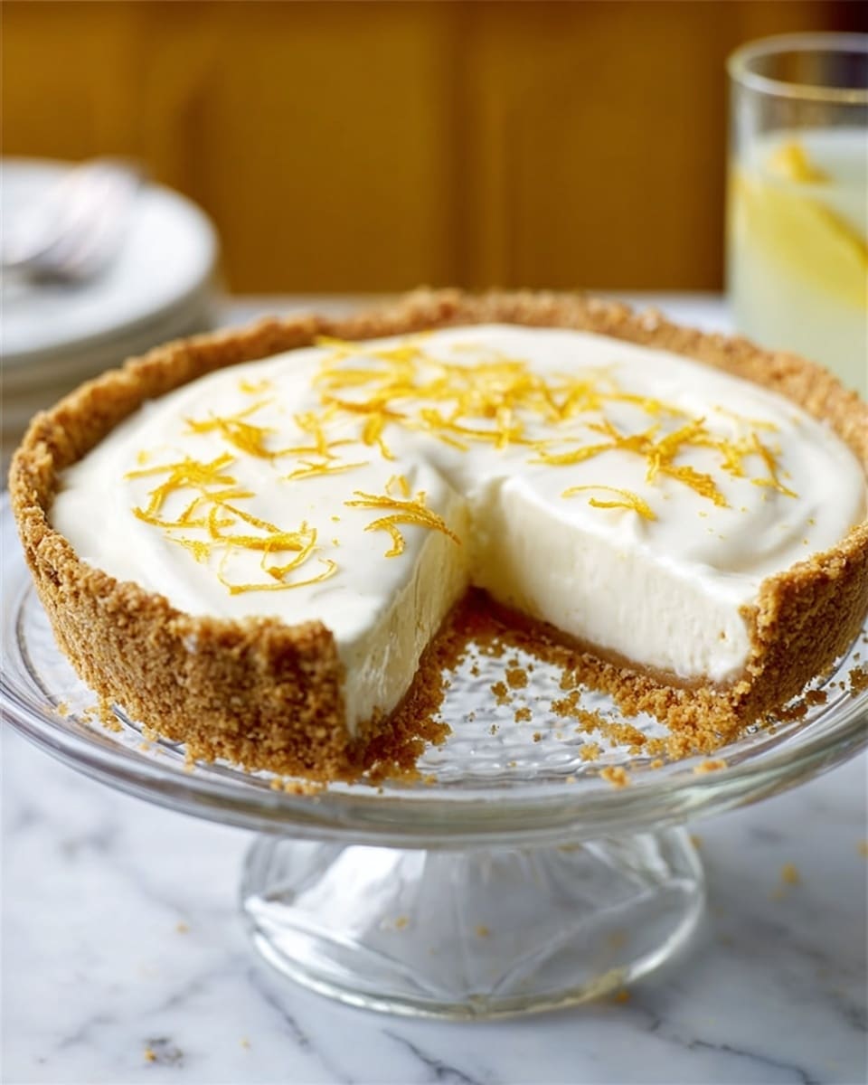 The image shows a pie with three distinct layers placed on a clear glass cake stand on a white marbled surface. The bottom layer consists of a thick golden-brown crumbly crust that forms the pie's edge and base. The middle layer is a light brown filling with a slightly soft texture, visible where a slice has been taken out. The top layer is a smooth, white cream layer spread evenly over the filling and sprinkled lightly with thin yellow zest strands. There are some crumbs scattered inside the empty slice space. Photo taken with an iphone --ar 4:5 --v 7