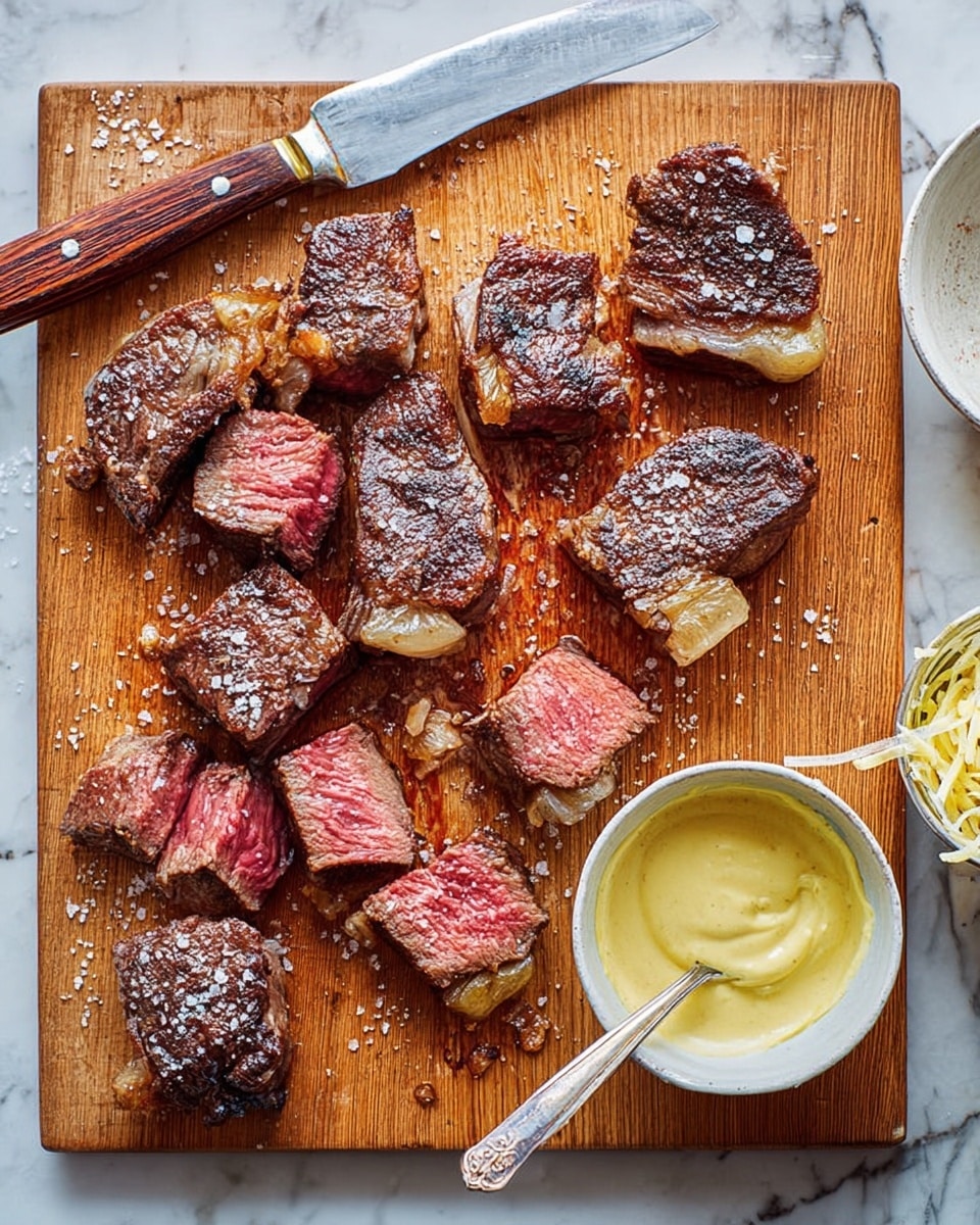 The image shows a wooden cutting board with slices of medium-rare steak arranged in a loose pile, showing a bright pink center and browned, crispy edges with some fat still attached. Coarse salt flakes are sprinkled over the steak, and some juice glistens on the board. To the right of the steak, there is a small white bowl filled with a creamy yellow sauce with a spoon inside. Next to the bowl is a small jar of mustard, and at the bottom right edge, a white bowl with light brown shredded food is partially visible. The surface underneath is a white marbled texture. Photo taken with an iphone --ar 4:5 --v 7