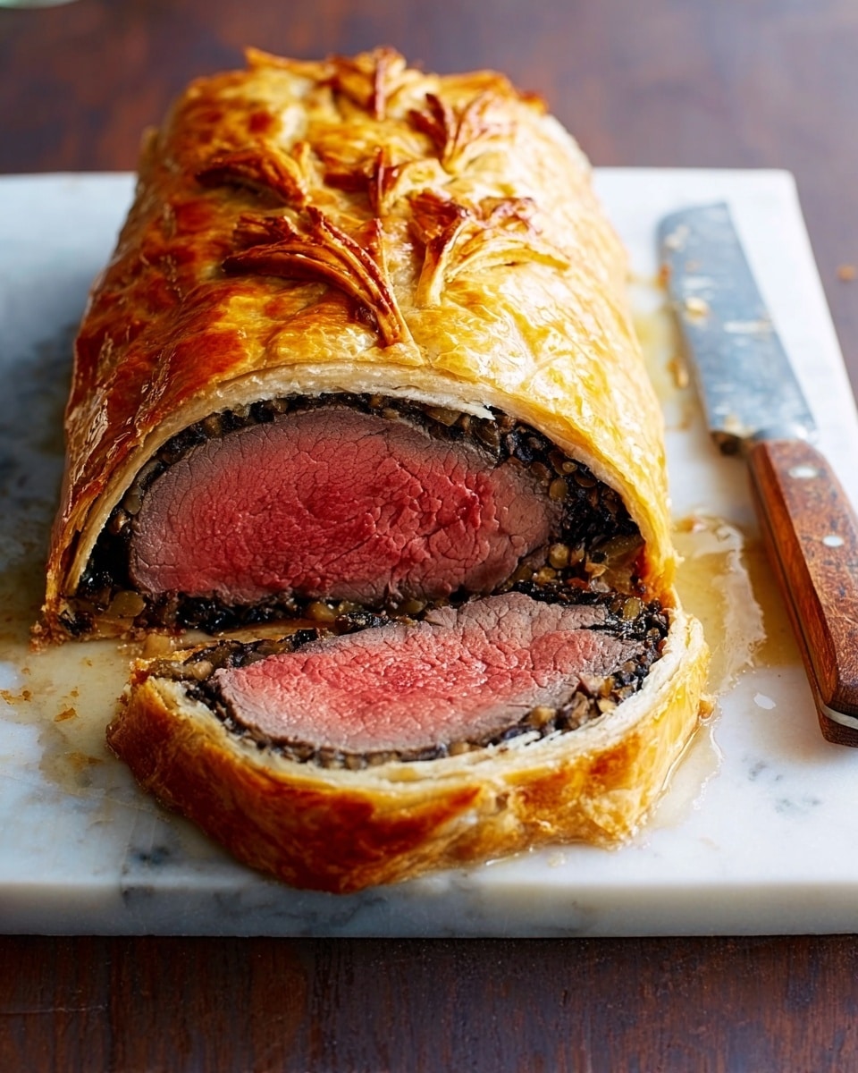 A thick slice of Beef Wellington sits on a white marbled cutting board, showing four layers: at the center, a bright pink, juicy cooked beef tenderloin; a dark brown mushroom duxelles layer tightly wrapped around the beef; a thin thin yellowish layer of prosciutto; and a golden brown puff pastry crust decorated on top with leaf patterns. The pastry looks crisp and flaky, with some juices spilled around the cut slice. To the right, a knife with a wooden handle and metal blade rests on the board. The background is a white marbled texture. Photo taken with an iphone --ar 4:5 --v 7