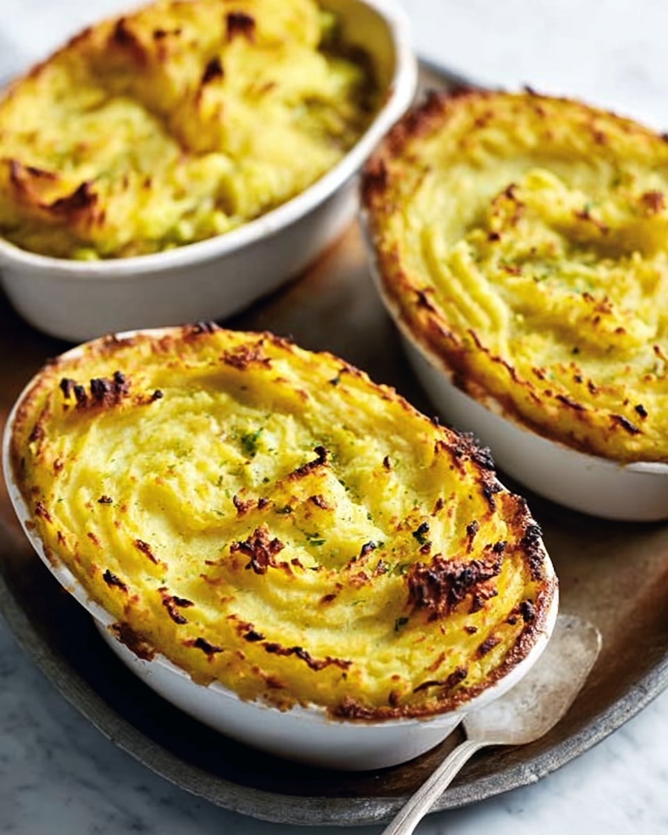 Three small white oval dishes each hold a baked pie topped with a golden-brown mashed potato layer that has a textured, slightly crispy surface with peaks and valleys. The mashed potato layer has light green bits mixed in, adding a touch of color throughout. The edges of the potato topping are browned and slightly crispy, contrasting with the softer middle areas. The dishes are arranged on a dark tray placed on a white marbled surface with a soft cloth nearby. In the background, a woman's hand is partly visible, reaching toward one of the dishes. photo taken with an iphone --ar 4:5 --v 7