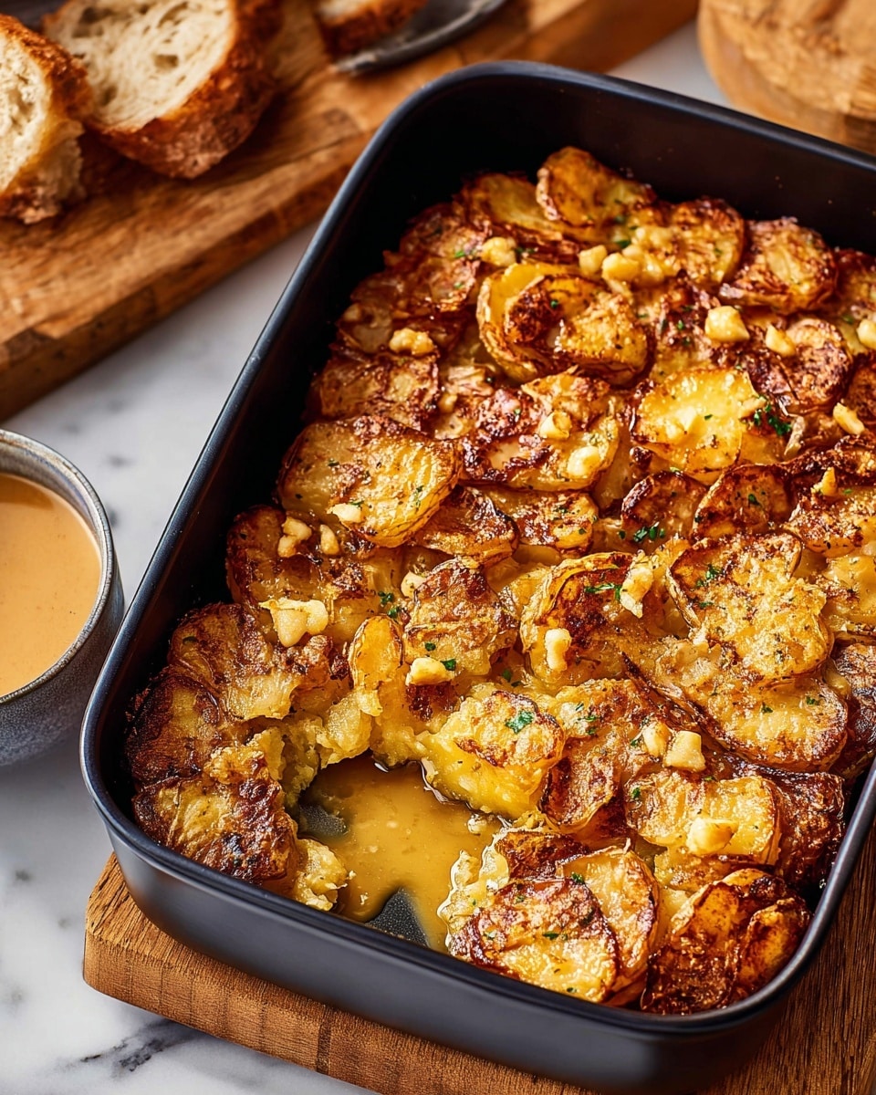 The image shows a black rectangular baking dish containing smashed roasted potatoes arranged in a single thick layer, golden-brown and crispy on top with visible chunks of slightly charred skin and soft yellow potato flesh beneath. The texture is uneven with some parts more browned than others, creating a rustic look. The dish is placed on a white marbled textured surface with a small portion of a white bowl filled with a beige creamy sauce visible on the left side. The potatoes fill most of the dish but the top-left corner is partially empty, revealing the dark base of the pan. Photo taken with an iphone --ar 4:5 --v 7