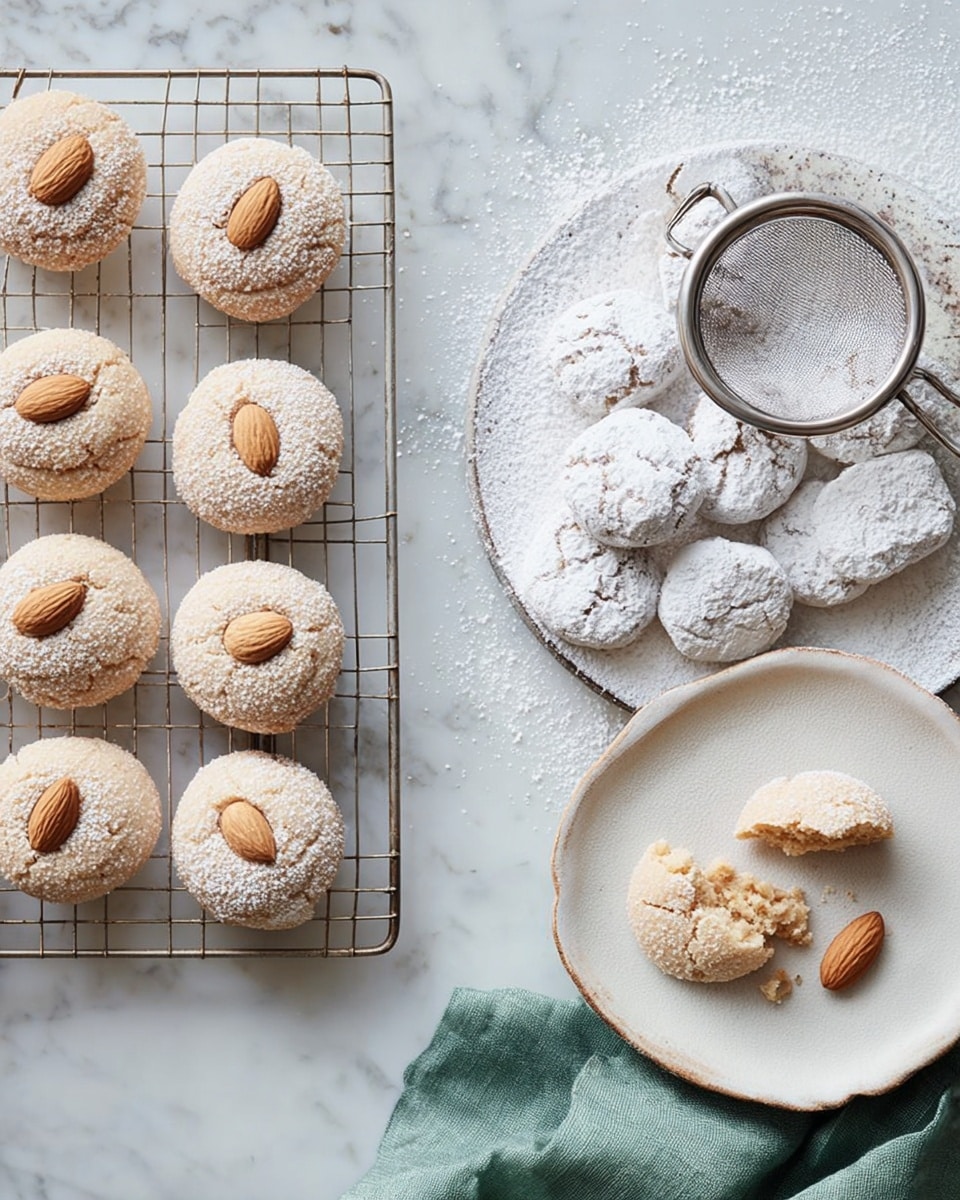 The image shows two types of cookies placed on a white marbled surface. On the left, there is a metal cooling rack holding round, golden-brown cookies, each topped with a whole almond in the center. To the right, on a white round plate, there are light brown cookies covered with a thick layer of white powdered sugar. Below this plate, a smaller white dish holds three cookies, two of which are broken to reveal a soft, crumbly inside. A small silver sieve with more powdered sugar is resting on the white round plate. A soft green cloth is placed near the bottom right corner, adding a touch of color. Photo taken with an iphone --ar 4:5 --v 7