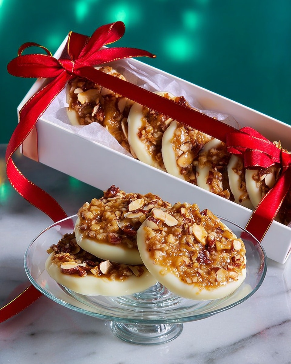 The image shows round cookies with two layers: a shiny, golden-brown nut and seed mix on top with a sticky texture, and a smooth, creamy white layer underneath. The cookies are arranged in a clear glass dessert stand with a gold base, stacked in a small pile, and also placed neatly inside a white box lined with white paper. A bright red ribbon weaves through the box, adding a pop of color. The whole scene is set on a white marbled surface with a plain blue background. photo taken with an iphone --ar 4:5 --v 7