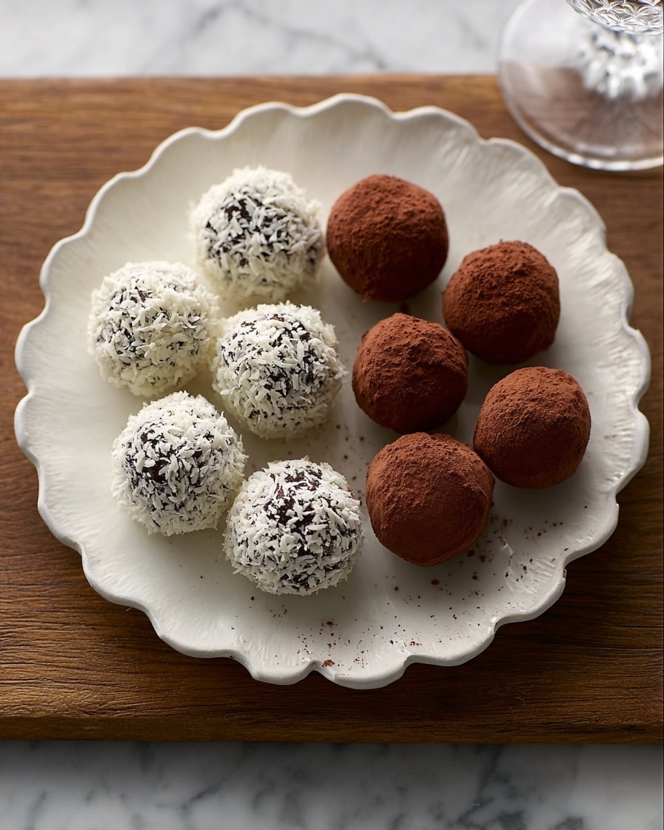 The image shows a white plate with two groups of chocolate truffles arranged side by side. On the left are seven truffles covered in white shredded coconut, with dark chocolate peeking through, giving them a rough textured look. On the right are nine round truffles coated in smooth, dark brown cocoa powder, with some cocoa dust scattered around. The plate has a slightly decorative edge and is placed on a wooden board, which rests on a white marbled surface. photo taken with an iphone --ar 4:5 --v 7