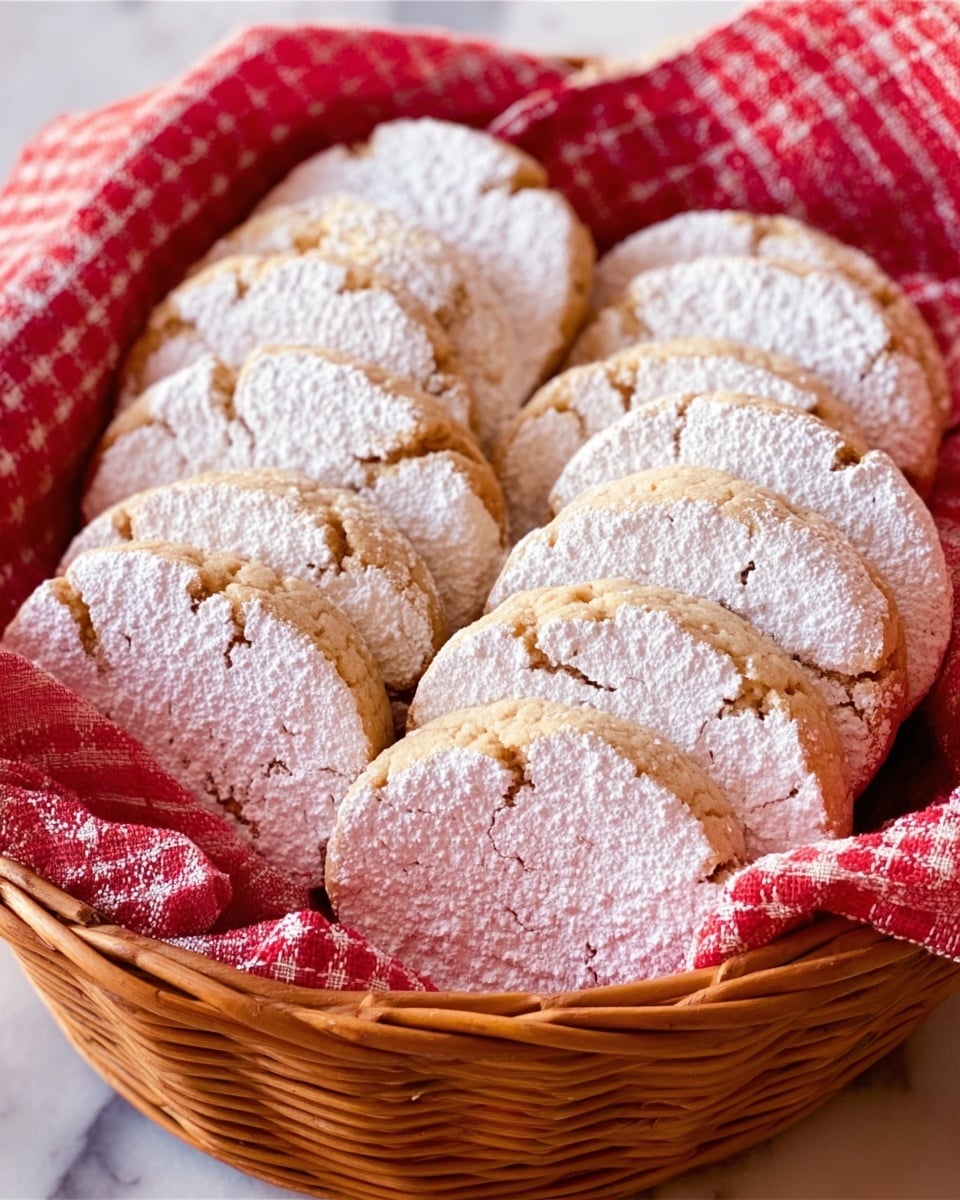 A basket lined with a red and white checkered cloth holds two rows of round cookies stacked neatly side by side. Each cookie is light golden-brown with a soft, crumbly texture, topped with a thin layer of white powdered sugar dusted evenly over the surface. The cookies have slightly rounded edges and a uniform thickness, creating a gentle, inviting look. The basket sits on a white marbled surface. photo taken with an iphone --ar 4:5 --v 7