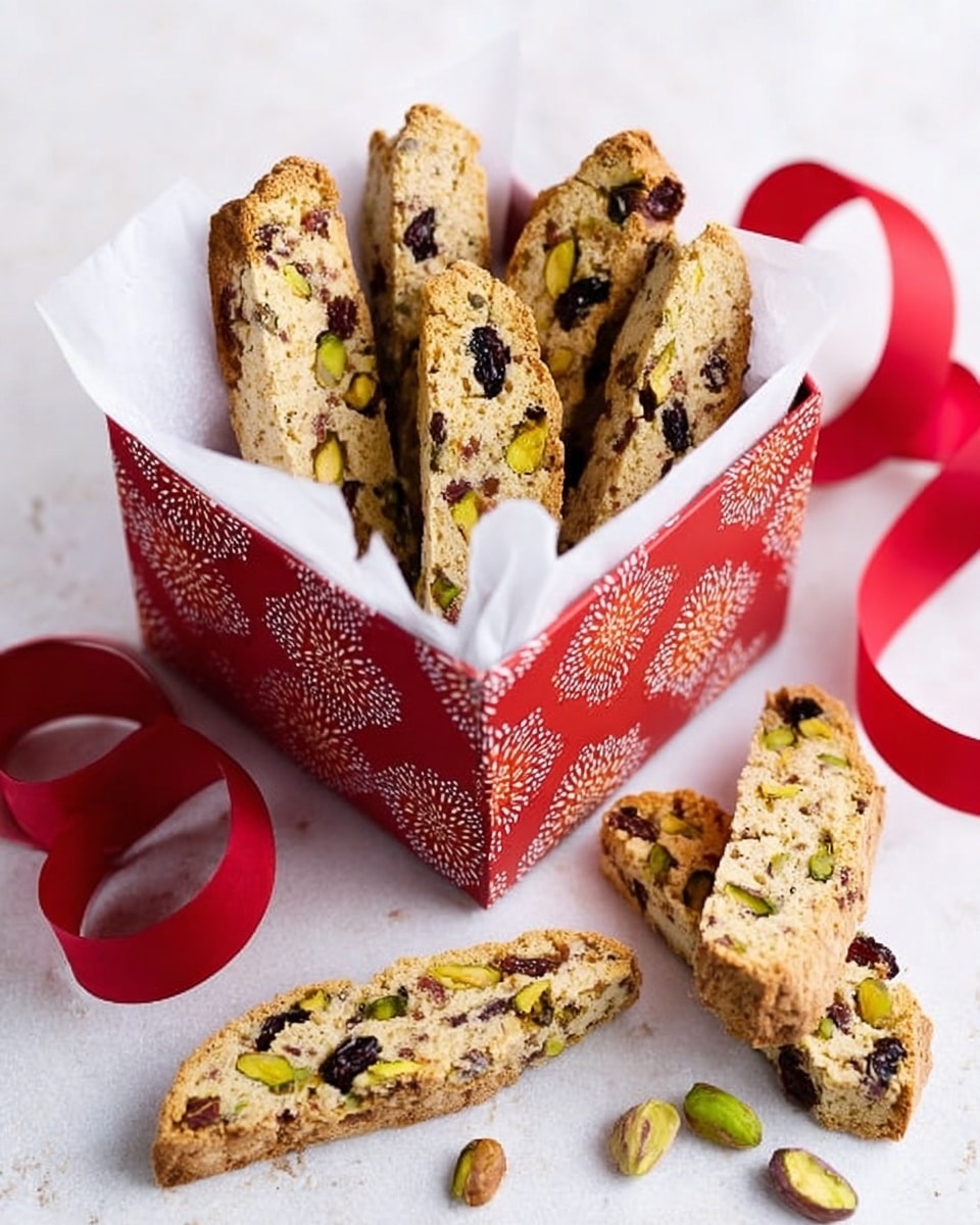 The image shows a white table with a white marbled texture surface, holding a red gift box with a white floral pattern, lined inside with white paper, filled with several pieces of biscotti. The biscotti are light brown with visible pistachio nuts and dark dried fruit bits, with three biscotti pieces placed neatly on the table outside the box. A red ribbon lies loosely on the surface to the right of the box. photo taken with an iphone --ar 4:5 --v 7