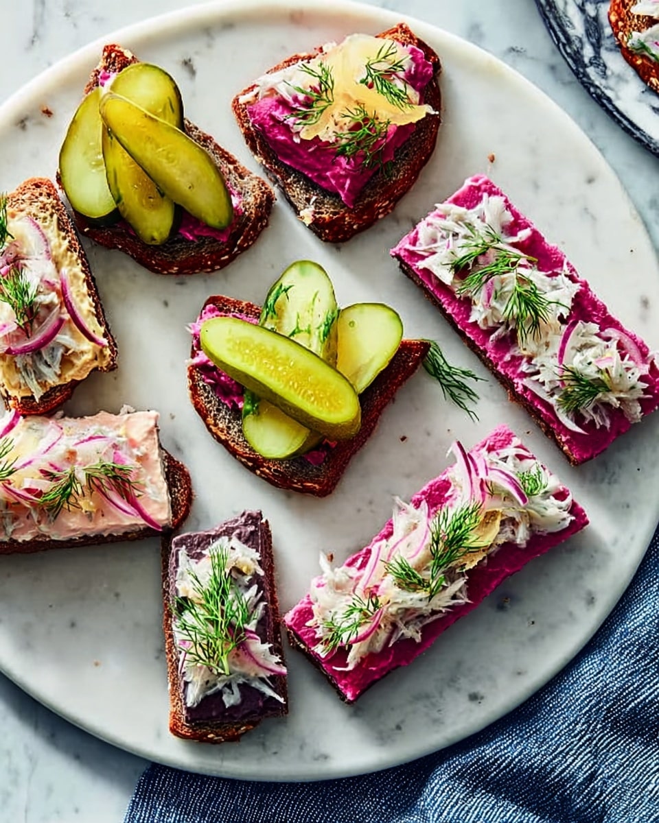 A round white plate on a white marbled surface holds several small open-faced sandwiches. The sandwiches have two different styles: some have a thick layer of bright pink spread topped with a long, thin slice of yellow-green pickle on top; others have a dark brown spread base with shredded light pink meat, thin red onion slices, and small green herb sprigs arranged neatly on top. The plate is surrounded by a blue and white patterned cloth. Photo taken with an iphone --ar 4:5 --v 7