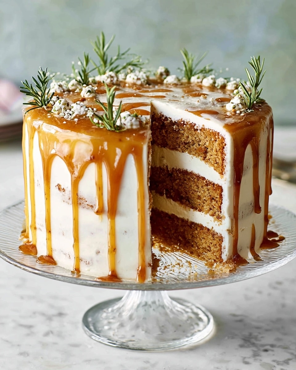 A tall cake with three layers of light brown sponge, each separated by a thick middle layer of smooth white frosting. The outside is coated in the same white frosting, topped by a shiny caramel sauce that drips down the sides in thin streams. Small white seeds are sprinkled on the caramel drips. Fresh green sprigs of rosemary decorate the top, adding a natural touch. The cake sits on a clear glass cake stand against a white marbled textured background. Photo taken with an iphone --ar 4:5 --v 7