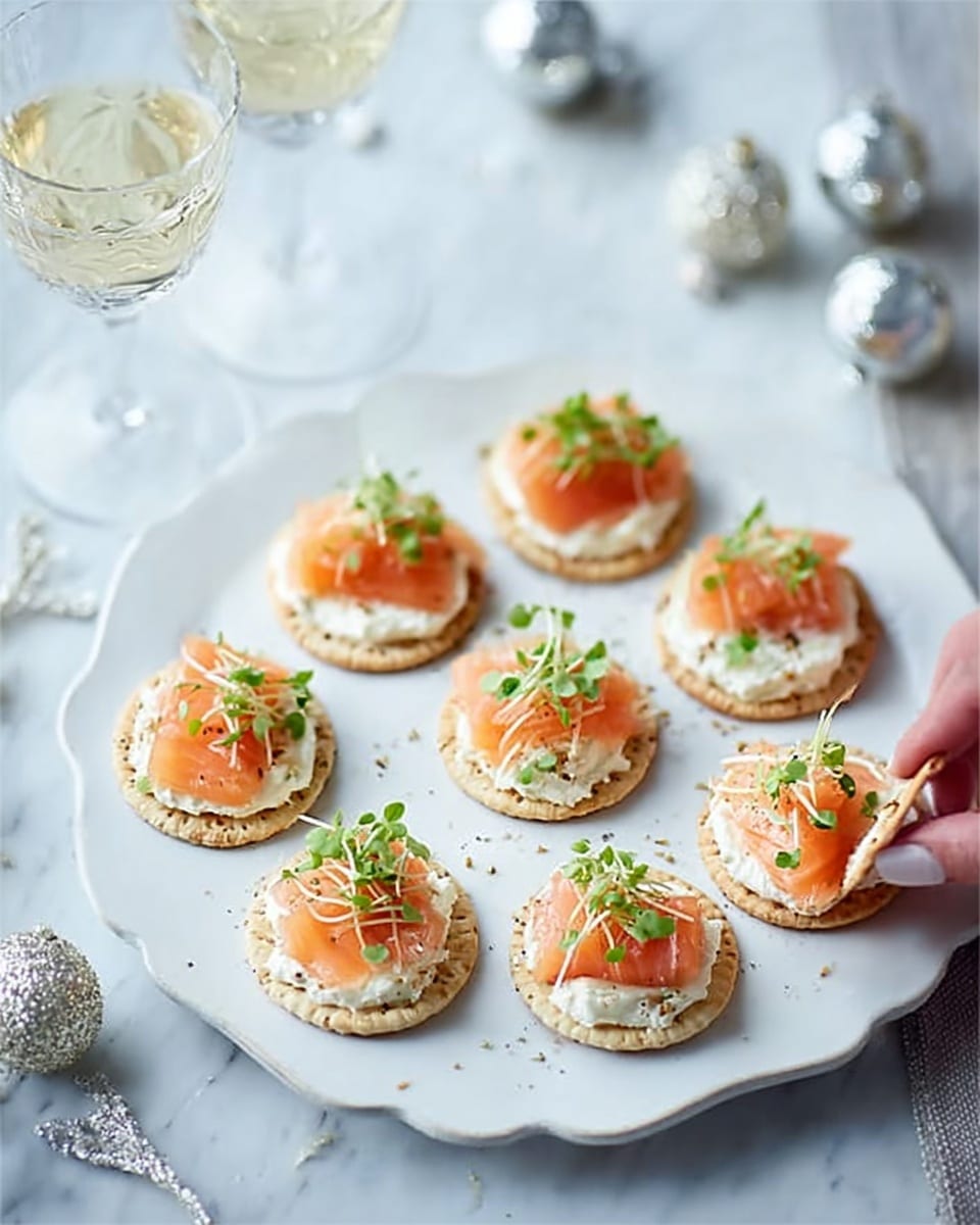A white, scalloped-edge plate holds twelve small round crackers, each topped with three distinct layers: the bottom layer is a light cream spread, smooth in texture and pale white in color; the middle layer is thin slices of soft, pink-orange smoked salmon, gently folded to add volume; the top layer consists of green sprouts scattered finely over the salmon. The plate is placed on a white marbled surface with two clear glasses filled with a sparkling drink nearby, and a small silver ornament beside the plate. Photo taken with an iphone --ar 4:5 --v 7