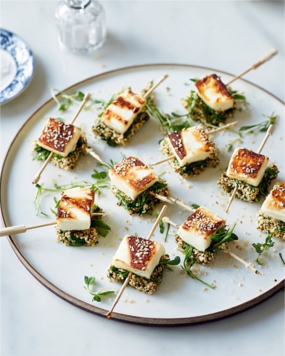 A white plate with a thin dark rim holds multiple small skewers, each with two layers: the bottom layer is coated with green herbs and sesame seeds, giving a textured look, while the top layer is a smooth, golden-brown grilled cheese cube with grill marks. The skewers are spread evenly across the plate, with some pieces showing a crispy edge. The plate sits on a white marbled surface, and a salt shaker is slightly visible in the top left corner. photo taken with an iphone --ar 4:5 --v 7