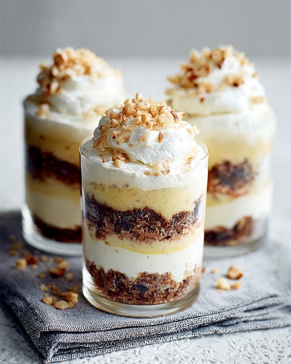 The image shows three clear glass jars filled with layered dessert sitting on a soft gray cloth over a white marbled surface. Each jar has four main layers: the bottom layer is a light beige crumbly base, followed by a thick white creamy layer, then a dark crumbly layer with a chocolatey look, and a topping of light fluffy whipped cream with small beige nut pieces sprinkled on top. The jars are arranged in a triangle with one in front and two behind it, all topped with the same creamy and nutty texture. The light and colors are soft and natural, making the dessert look fresh and tasty. Photo taken with an iphone --ar 4:5 --v 7