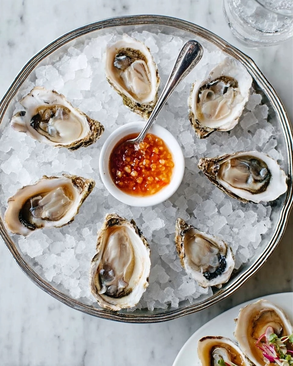 A white ornate tray filled with crushed ice holds seven large oysters in their shells arranged in a circular pattern around a white bowl of bright orange sauce with red pieces, a small silver spoon resting inside. The oysters show a mix of grey and off-white inside with rough, dark outer shells. The tray is placed on a white marbled surface, with the corner of another white plate with a small amount of food visible in the top right. Photo taken with an iphone --ar 4:5 --v 7