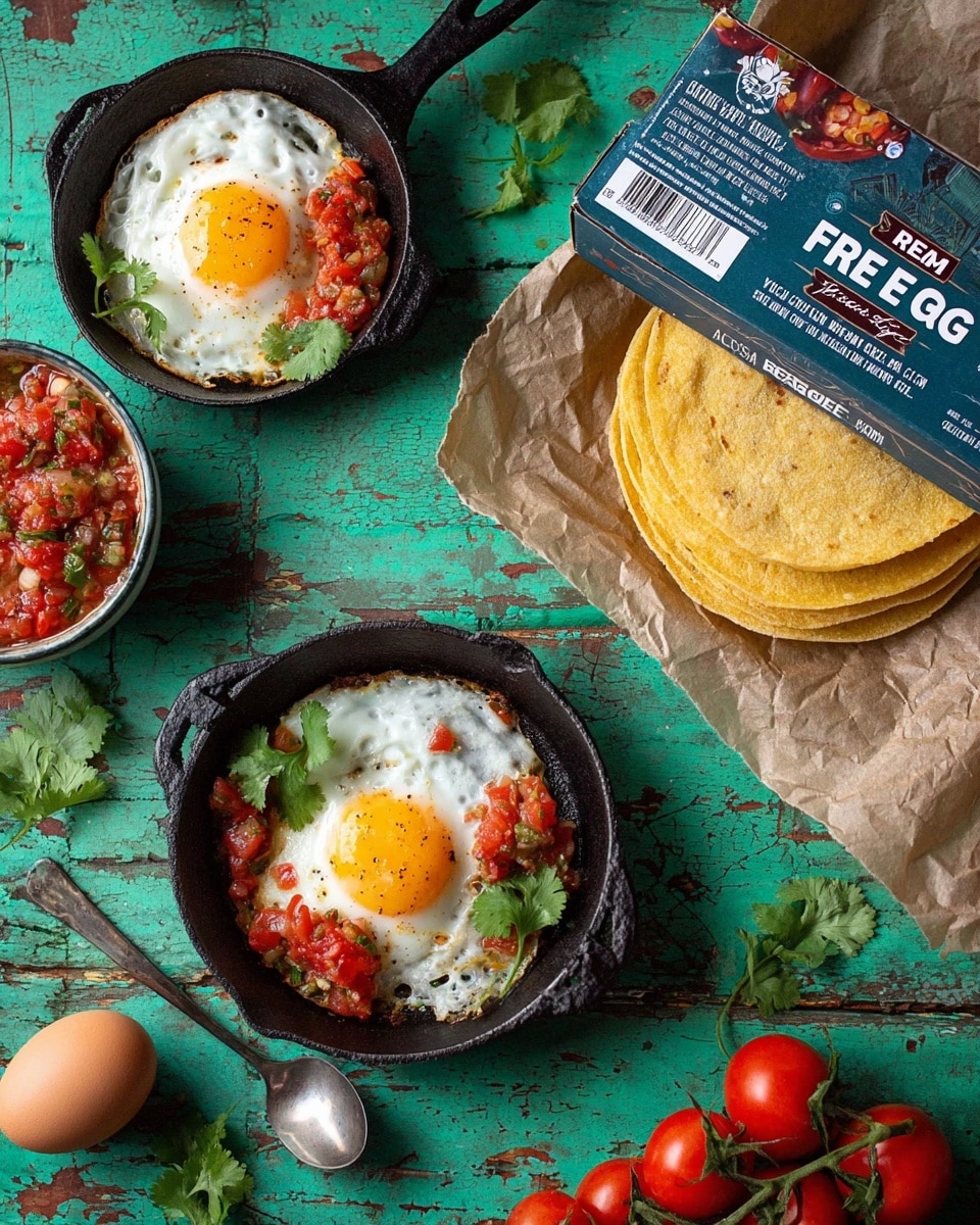 The image shows two small black pans, each holding a layered dish with a crispy golden-brown tortilla at the bottom, a fried egg with a bright yellow yolk and white edges on top, and a colorful chunky red salsa spooned onto one side of the egg, topped with fresh green cilantro leaves for garnish. Around the pans, there are more golden tortillas stacked under a piece of brown parchment paper, a few red cherry tomatoes on the vine, and sprigs of fresh cilantro scattered on a white marbled textured surface. A blue carton of eggs and a single brown egg are also visible, along with a small bowl of the same chunky red salsa with a spoon inside. photo taken with an iphone --ar 4:5 --v 7