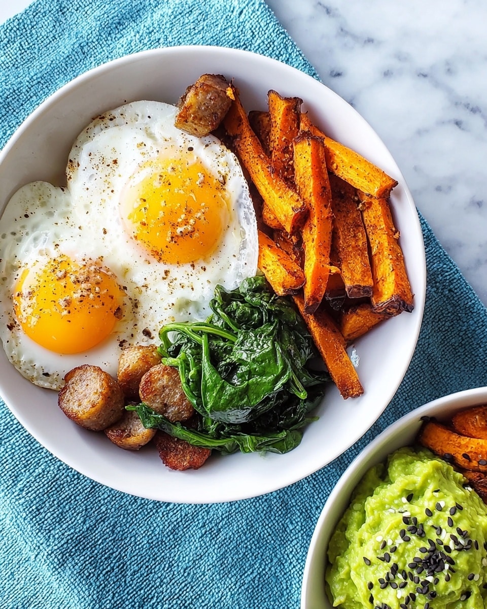 The image shows a white bowl divided into four sections: two sunny-side-up eggs with bright orange yolks and whites sprinkled lightly with black and yellow seasoning on the left side, a pile of small round sliced sausages with a golden brown crust at the top, dark green cooked spinach at the bottom right, and a heap of roasted sweet potato pieces with a crispy orange-brown texture in the middle right. Part of another white bowl with roasted sweet potatoes topped with a chunky green avocado mash and sprinkled with seeds is visible on the right side. Both bowls are set on a textured blue cloth over a white marbled surface. Photo taken with an iphone --ar 4:5 --v 7