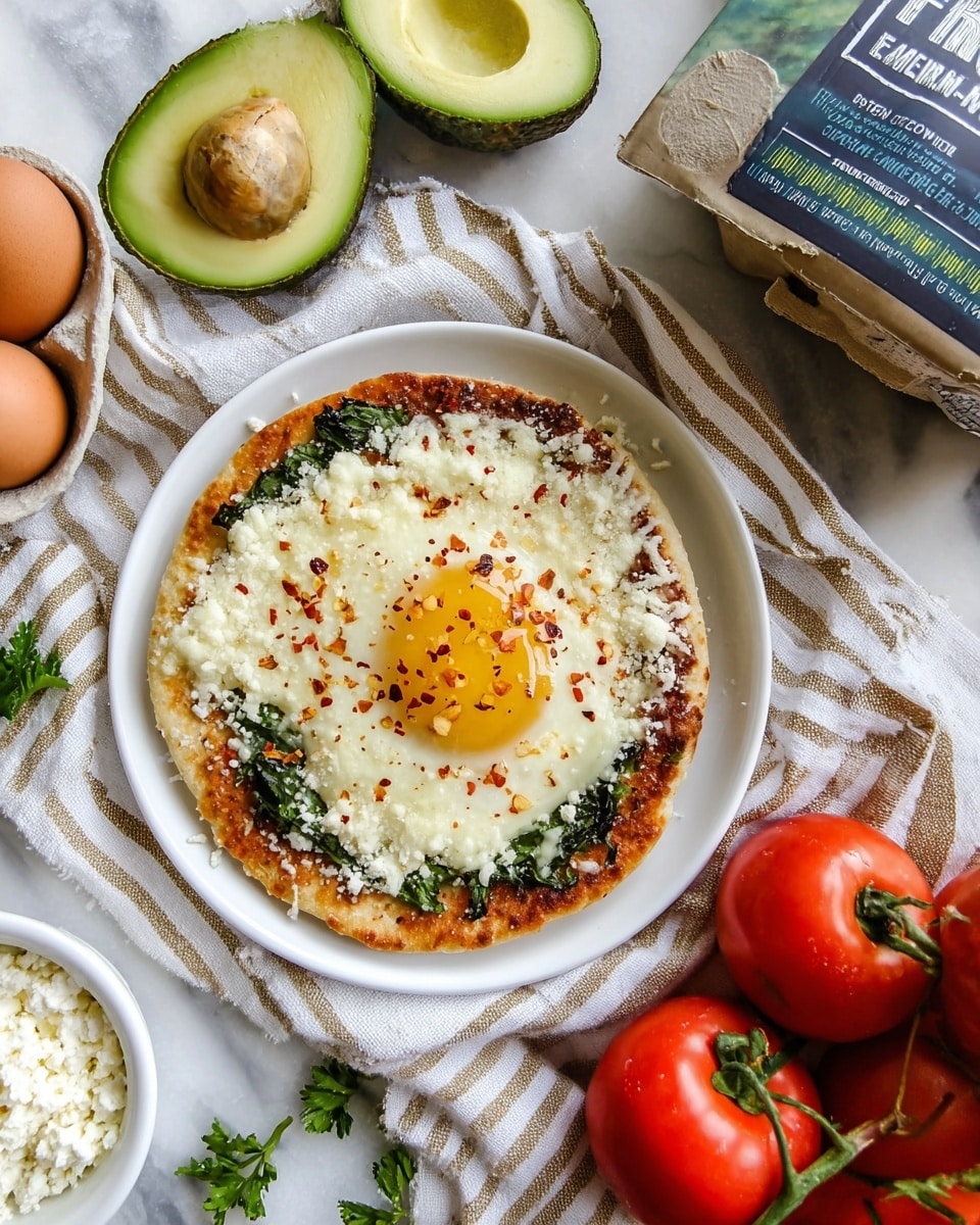 A round flatbread sits on a white plate with a layer of green lettuce at the bottom. On top of the lettuce is a cooked patty with a browned, crispy edge and melted white cheese covering it. A sunny-side-up egg with a bright yellow yolk and slightly cooked white rests on the patty's center, sprinkled with black pepper and red chili flakes. The plate is placed on a beige and white striped cloth, surrounded by fresh tomatoes on the vine, halves of an avocado, a bowl of crumbled cheese, and a carton of free-range eggs. The background is a white marbled surface. photo taken with an iphone --ar 4:5 --v 7