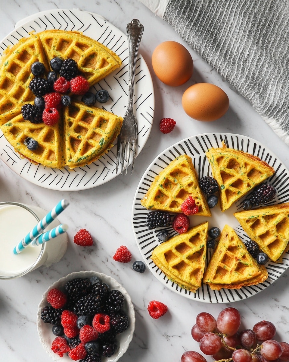 The image shows two white round plates with black stripes, each holding golden-yellow waffle slices that have a slightly crispy texture with visible green herbs inside. On the left plate, a whole waffle is topped with a small pile of mixed fresh berries including blackberries, raspberries, and blueberries, while the right plate contains four waffle wedges arranged around a similar mix of fresh berries. The background is a white marbled surface scattered with three brown eggs and a small bunch of red grapes. On the left, a small white bowl is filled with more mixed berries. A silver fork rests on the left plate, and a glass of milk with a blue and white striped straw sits at the bottom right corner. A folded gray striped cloth is placed at the top right side. The overall scene is bright and fresh. photo taken with an iphone --ar 4:5 --v 7
