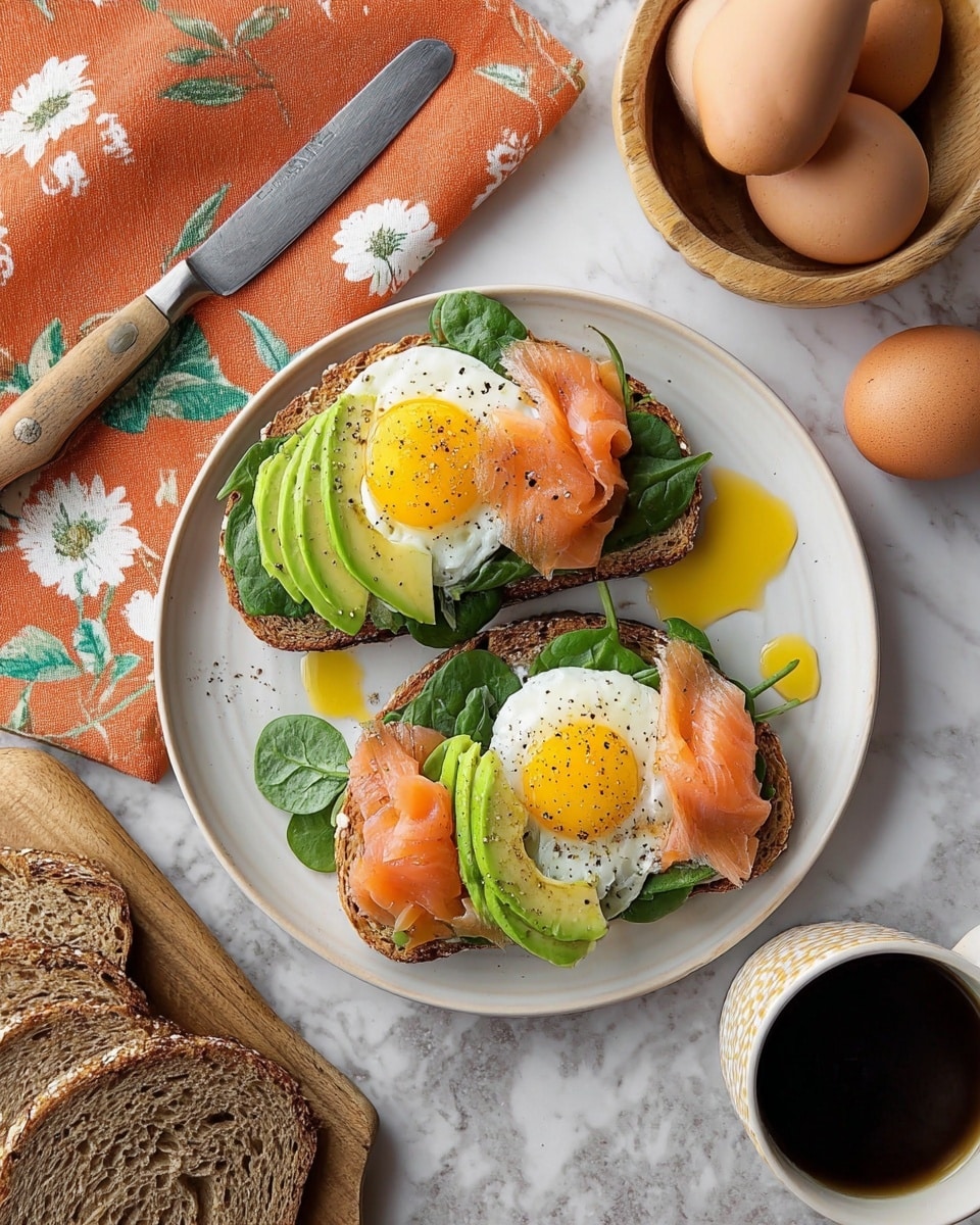 Two open-faced sandwiches sit on a white plate placed on a white marbled texture. Each sandwich has a base layer of toasted multigrain bread with a rough, crunchy texture. On top of the bread are green spinach leaves scattered unevenly, followed by thin, light green slices of avocado fanned neatly. There are soft, pale pink slices of smoked salmon draped over the avocado. Each sandwich is topped with a fried egg; the eggs have white, slightly crinkled edges with soft, runny yolks that are broken, spilling bright yellow yolk onto the plate. Black pepper is sprinkled lightly over the eggs. A knife with a wooden handle rests on the plate next to the sandwiches. Nearby, a bowl contains three brown eggs, a stack of sliced multigrain bread, a pepper grinder, an orange cloth with a green leaf pattern, and a white cup of black coffee are arranged on the white marbled surface. photo taken with an iphone --ar 4:5 --v 7