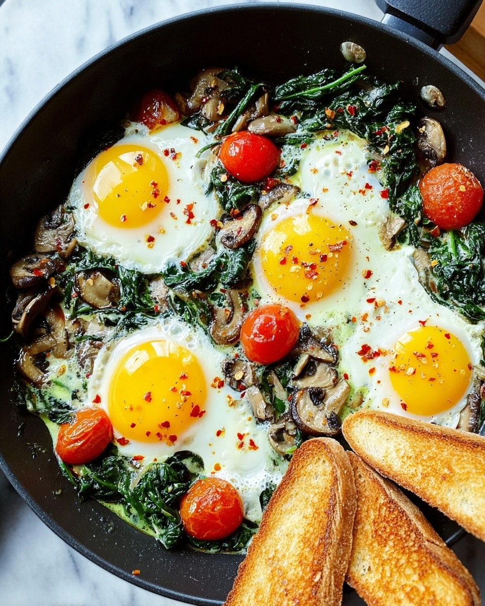 A close-up view of a black pan filled with a colorful cooked dish showing four sunny-side-up eggs with bright yellow yolks and soft white edges, lying on a bed of sautéed green spinach mixed with brown mushroom slices. Scattered around the eggs and spinach are vibrant red grape tomatoes that add a fresh pop of color. The dish is sprinkled with small red chili flakes and black pepper pieces. At the bottom edge of the pan, two pieces of golden-brown toasted bread sit side by side, showing a crispy texture. The whole scene is set against a white marbled surface. Photo taken with an iphone --ar 4:5 --v 7
