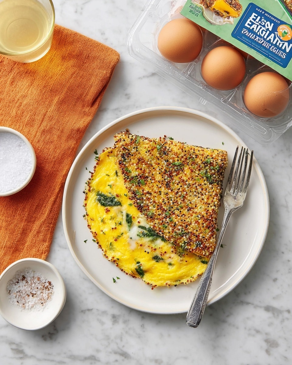 A white plate holds a two-layer dish placed on a white marbled surface. The bottom layer is a bright yellow omelet with green leafy herbs cooked into it, visible around the edges. The top layer is a crispy, textured crust made of small round grains, golden brown with some darker specks. A silver fork rests on the right side of the plate, its handle extending slightly beyond the plate's edge. Around the plate, there is a transparent carton of brown organic eggs with colorful labels in blue, green, and red, an orange linen napkin folded on the left, a small white bowl of coarse salt at the bottom left, and a glass containing a light yellow liquid on the left side. photo taken with an iphone --ar 4:5 --v 7