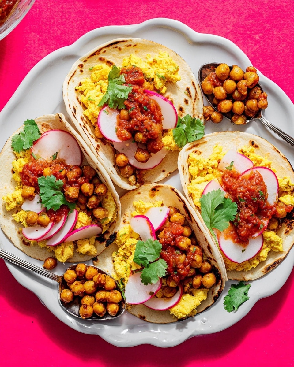 The image shows five small soft white tortillas arranged neatly on a large white plate with slight charring on the tortillas' edges. Each tortilla is layered with a base of bright yellow scrambled tofu, topped with golden-brown roasted chickpeas, thinly sliced pink and white radishes, a small spoonful of red salsa, and a fresh green cilantro leaf for garnish. Two silver spoons rest on the plate, one holding more roasted chickpeas and the other with extra scrambled tofu. The plate sits on a white marbled surface with a small white bowl of roasted chickpeas and a partial view of fresh cilantro leaves in the background. Photo taken with an iphone --ar 4:5 --v 7