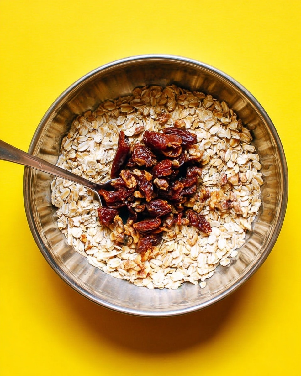 A shiny metal bowl filled with a base layer of light tan rolled oats mixed with small pieces of nuts and seeds. On top, a thick pile of chopped dark brown dates sits in the center. A silver spoon rests inside the bowl, angled to the left. The bowl is placed on a flat surface with a bright yellow background replaced by a white marbled texture. photo taken with an iphone --ar 4:5 --v 7