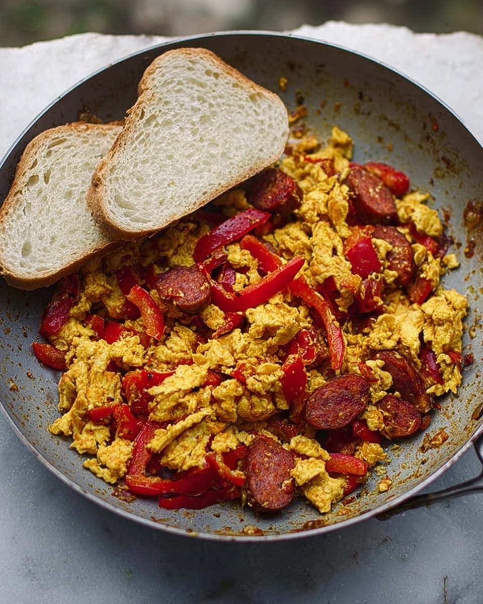 A large silver pan contains a cooked mixture of scrambled eggs and sliced red bell peppers, both showing a soft and slightly crispy texture with golden yellow and deep red colors scattered evenly. On the edge of the pan, two slices of light brown toasted bread with a soft, airy white center rest overlapping each other. The pan is set on a rough gray stone surface, but the background is changed to a white marbled texture. Photo taken with an iphone --ar 4:5 --v 7