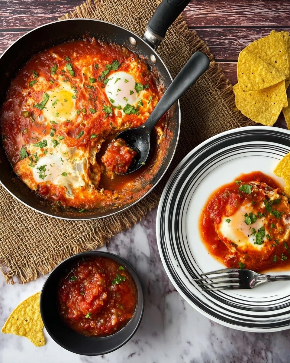 A pan with a black handle holds a dish made of a thick red tomato sauce base, with four baked eggs showing white and soft yellow yolks, topped with green cilantro leaves scattered unevenly. A black spoon inside the pan lifts some sauce and eggs. Next to the pan, a small white bowl is filled with a smooth red salsa with small bits of herbs, and next to it, three light yellow tortilla chips rest. Above the bowl, a white plate holds a serving of the tomato and egg dish, with soft white and yellow eggs partially covered by the chunky red sauce, garnished with cilantro on top. The dishes are set on a white marbled surface that contrasts with the food’s colors. Photo taken with an iphone --ar 4:5 --v 7