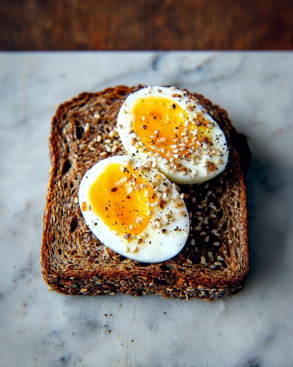A single slice of dark, toasted multigrain bread with visible seeds and grain texture forms the base. On top are two halves of a boiled egg placed side by side, with firm white edges and bright yellow yolks in the center. Both egg halves are sprinkled with a mix of black pepper, sesame seeds, and other small spices. The whole arrangement is placed on a white marbled surface. photo taken with an iphone --ar 4:5 --v 7