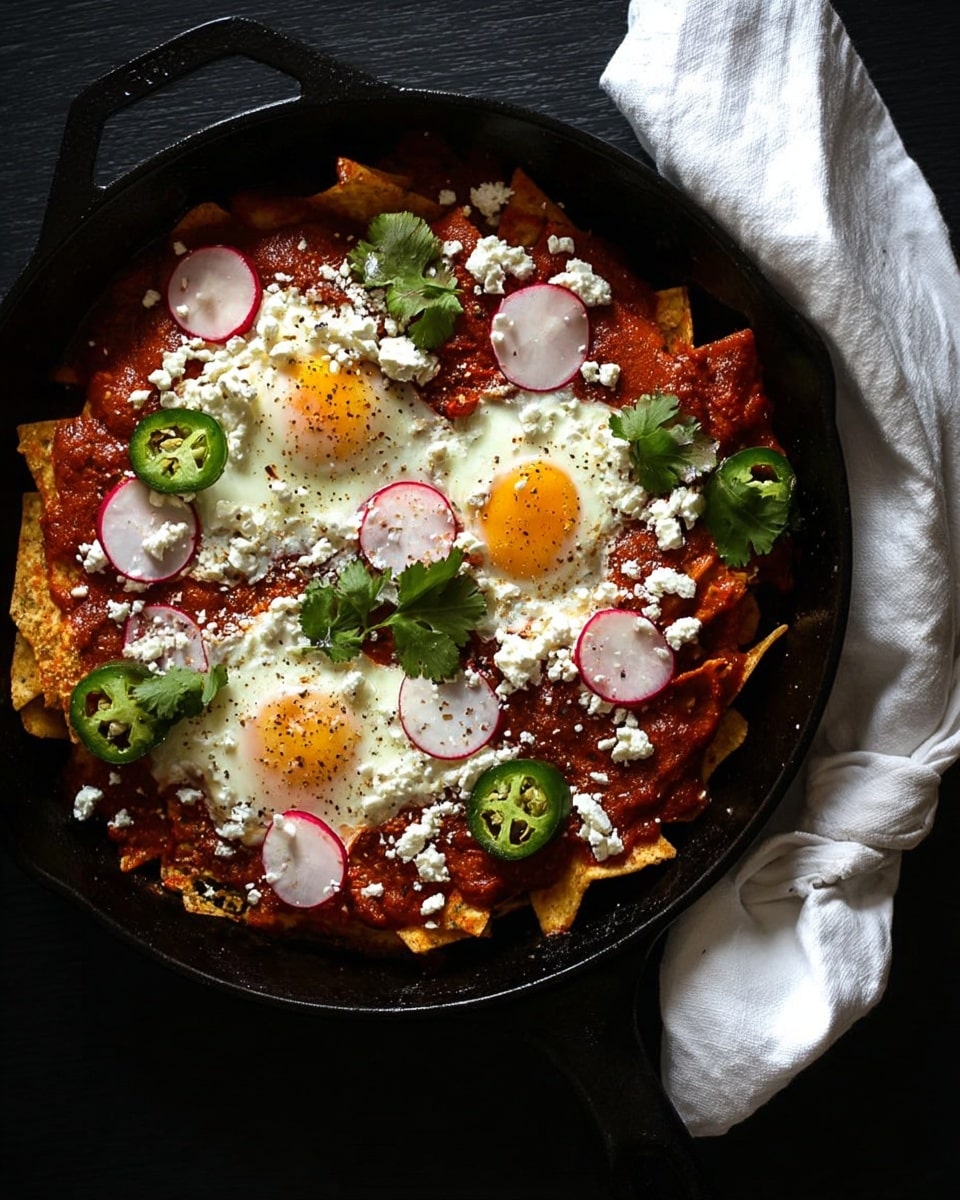 The dish is served in a black cast iron skillet with two sunny-side-up eggs on the top right and bottom left; the eggs have bright white edges and soft yolks speckled with black pepper. Beneath the eggs, there is a thick layer of red sauce, which covers crisp yellow tortilla chips arranged in an even layer. Scattered on the sauce are small white crumbles of cheese, thin pink radish slices, and rounds of green jalapeño peppers. There are also sprigs of fresh green cilantro placed across the dish, adding a touch of vibrant color. The skillet is placed on a dark surface with a white cloth napkin tied nearby. photo taken with an iphone --ar 4:5 --v 7