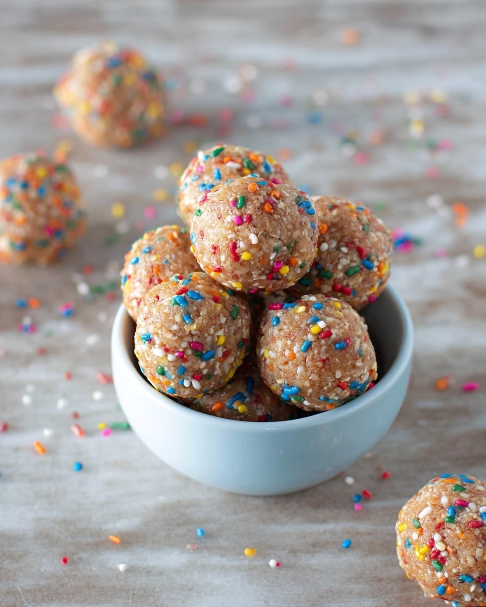 A small white bowl filled with eight round, light brown dough balls covered in colorful sprinkles including red, yellow, green, and blue, creating a speckled texture on their surface; three more dough balls lay scattered around the bowl on a white marbled texture background, which contrasts with the bowl’s smooth teal blue color, giving a simple, rustic look. photo taken with an iphone --ar 4:5 --v 7