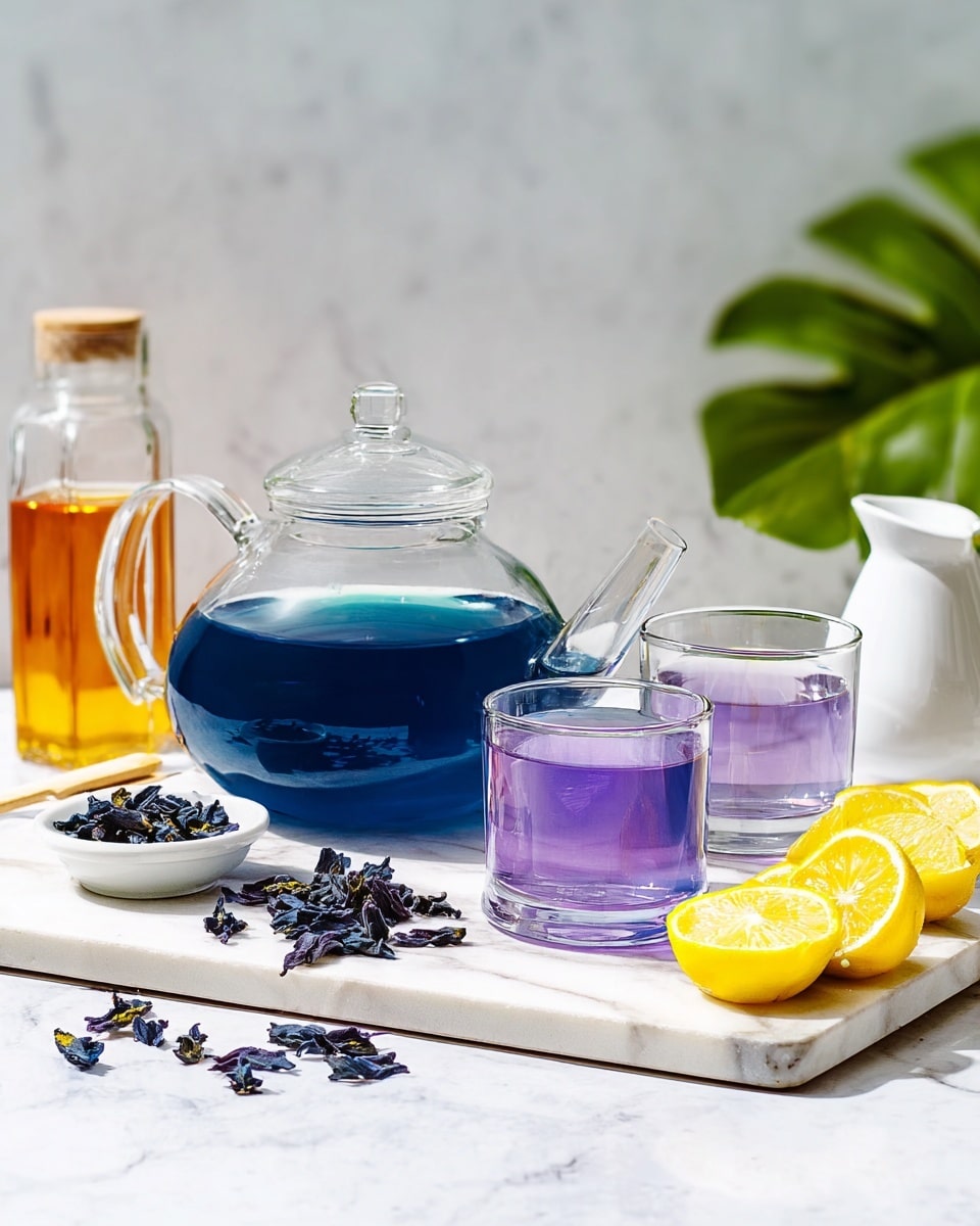 The image shows a clear glass teapot with a lid, filled with deep blue tea sitting on a white marble board. In front of the teapot, there are two clear glasses filled with tea—one glass has a pinkish-purple tea and the other glass has a blue tea. Some dried flower tea leaves are scattered on the marble board next to the glasses. To the right, on the white marble surface, two lemon wedges with bright yellow skin and juicy flesh rest close to a green leafy plant that adds a fresh touch to the scene. In the background, a small clear bottle with a cork stopper and a white jug can be seen, all set against a white marbled texture. photo taken with an iphone --ar 4:5 --v 7